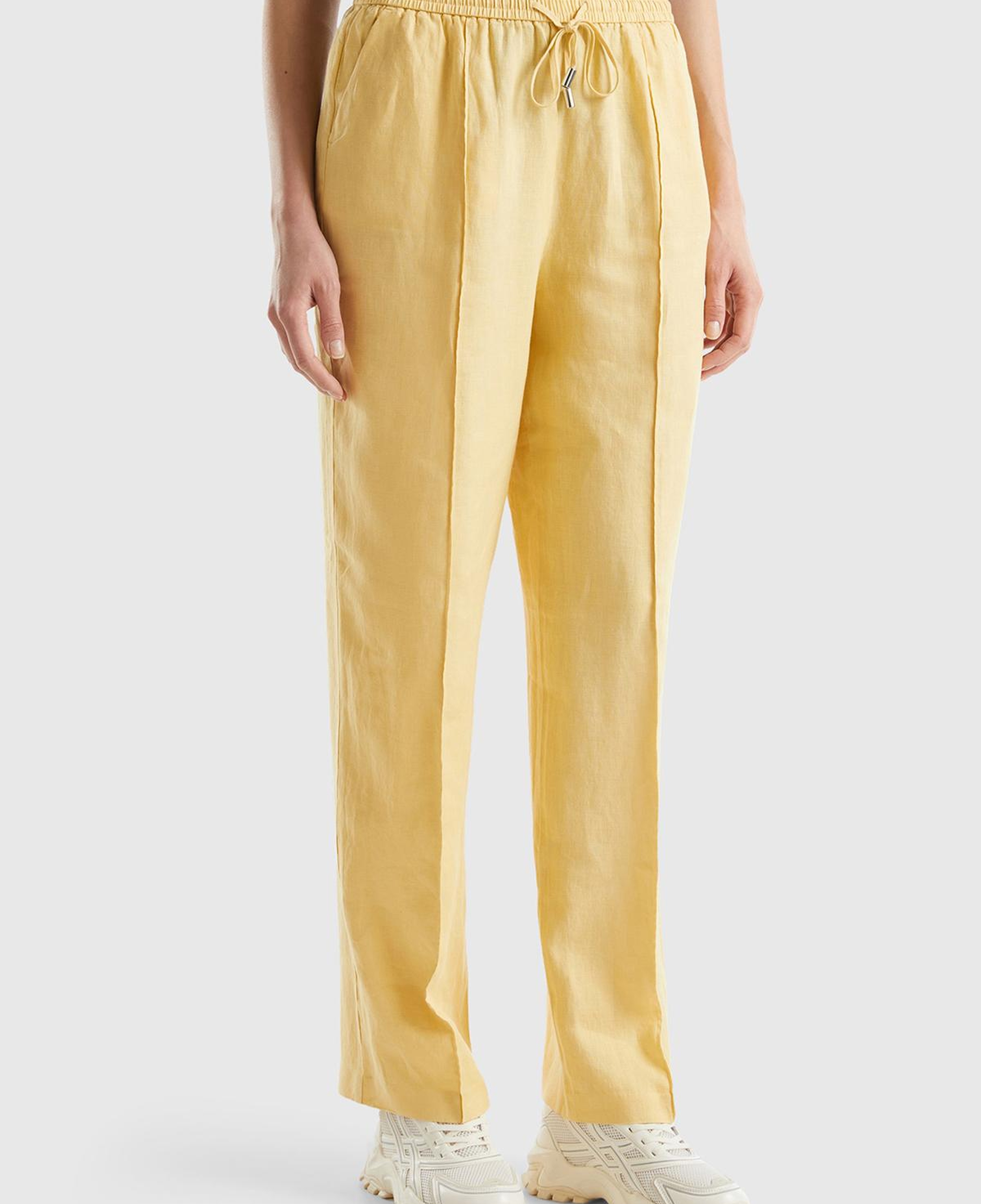 Kadın Açık Sarı %100 Keten Beli İpli Rahat Kalıp Pantolon