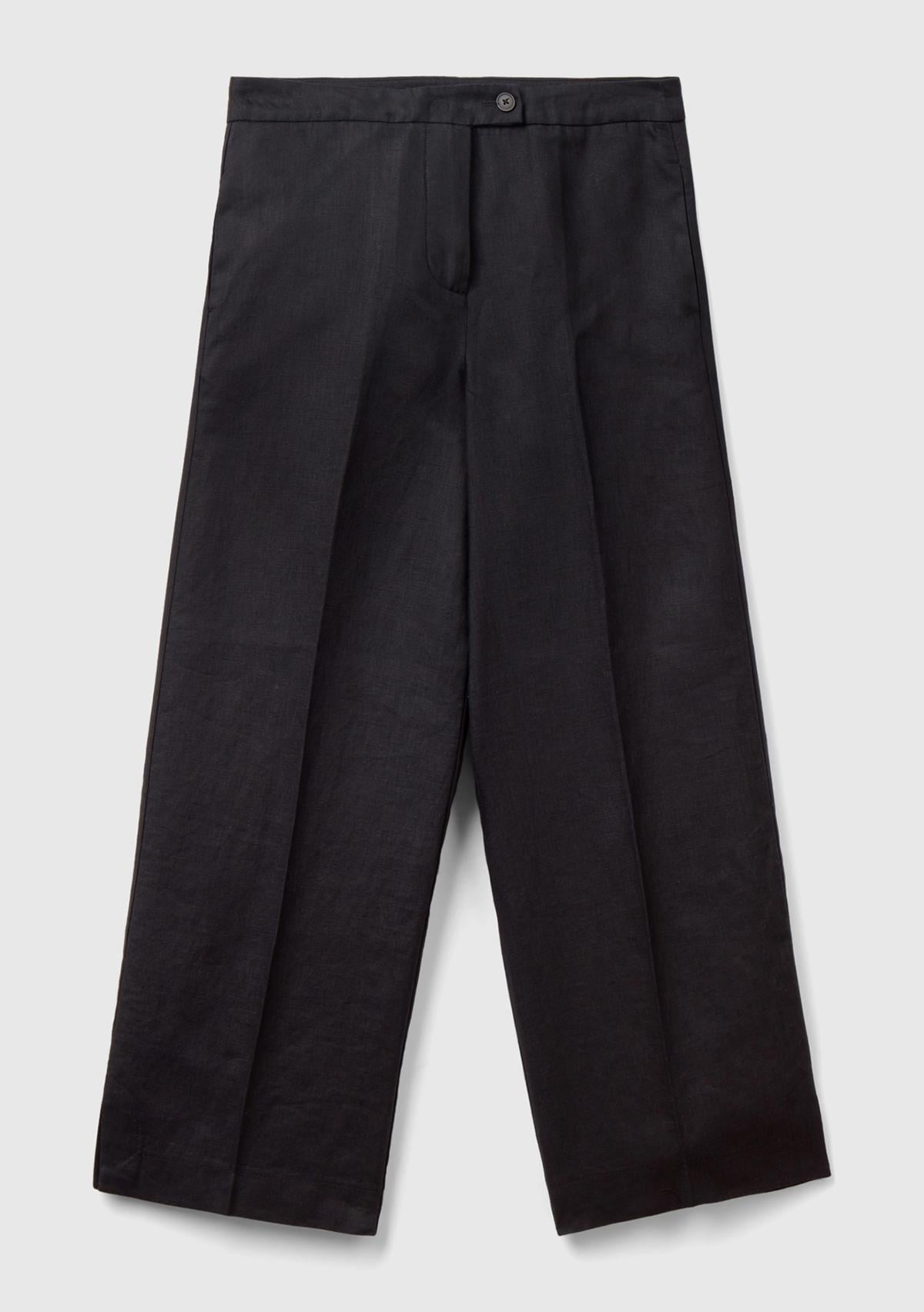 Kadın Siyah %100 Keten Düğmeli Yüksek Bel  Paçası Yırtmaçlı Pantolon