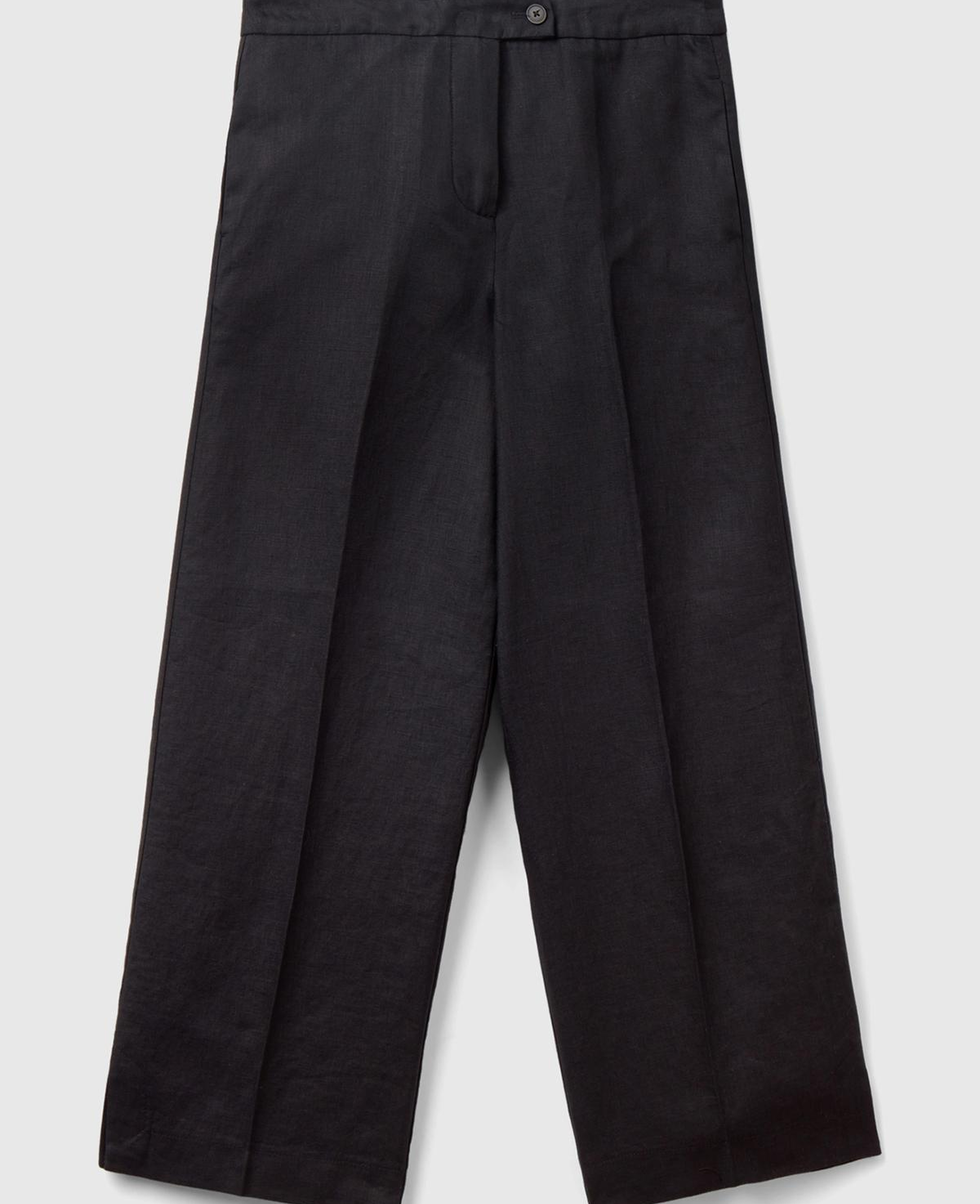 Kadın Siyah %100 Keten Düğmeli Yüksek Bel  Paçası Yırtmaçlı Pantolon