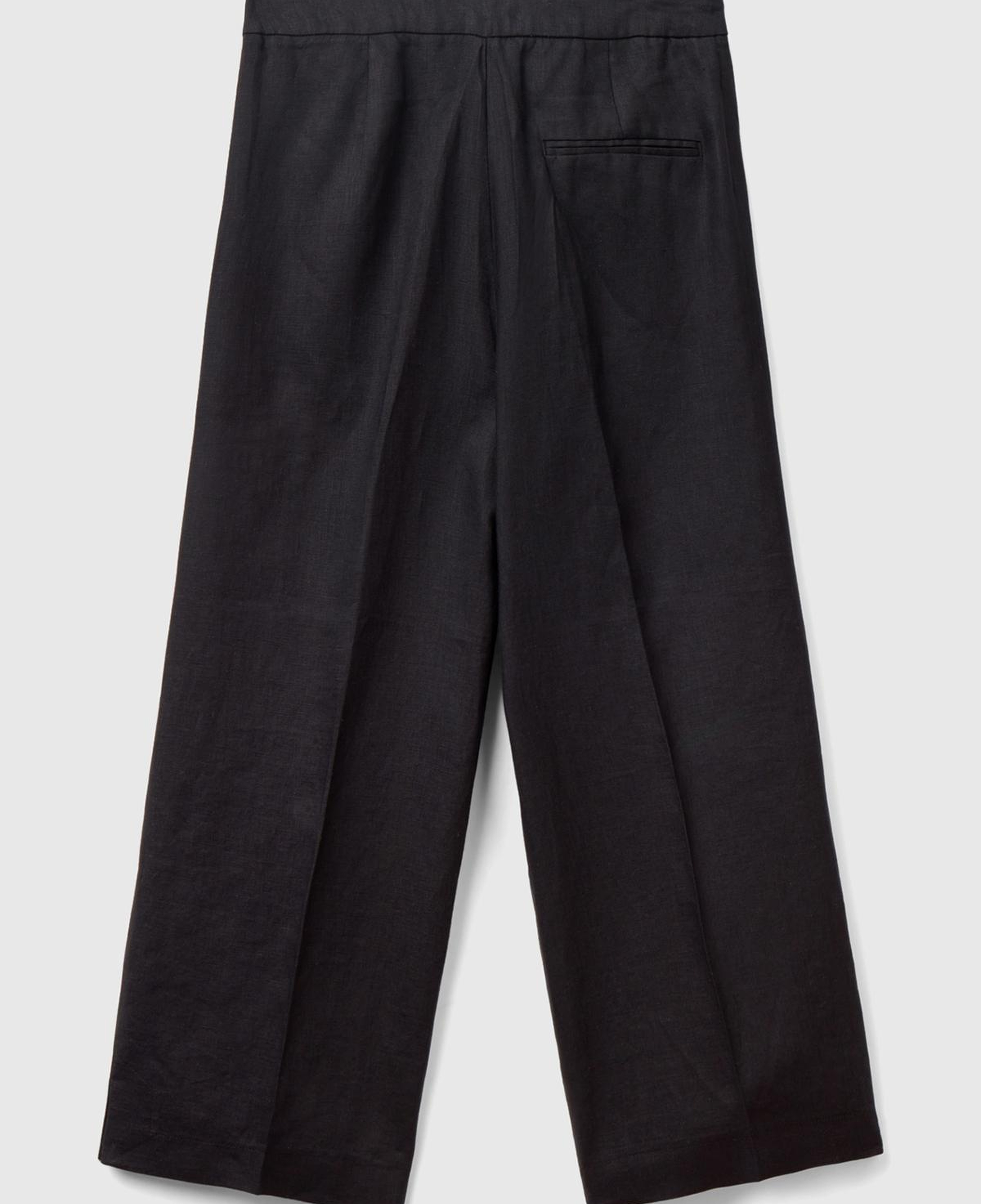 Kadın Siyah %100 Keten Düğmeli Yüksek Bel  Paçası Yırtmaçlı Pantolon