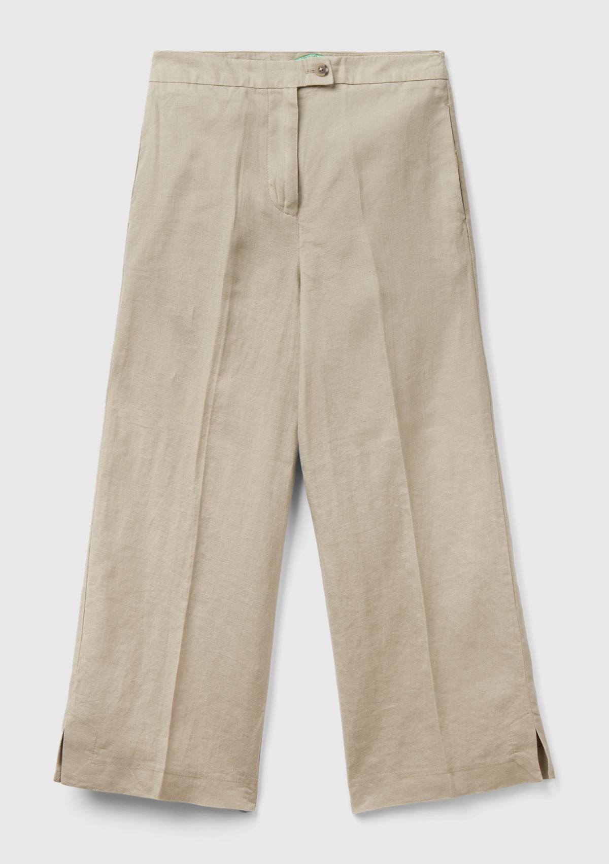 Kadın Bej %100 Keten Düğmeli Yüksek Bel Paçası Yırtmaçlı Pantolon