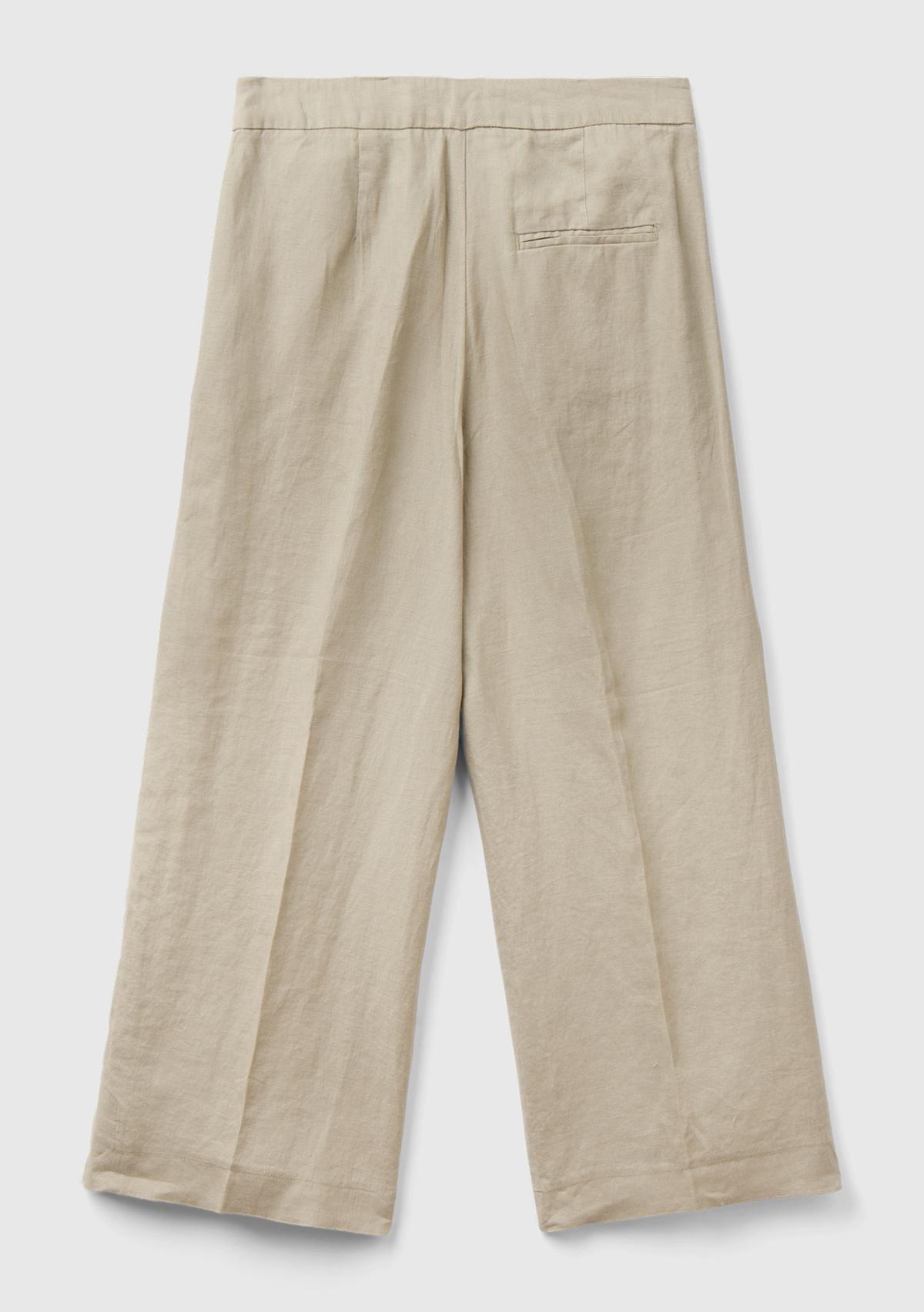 Kadın Bej %100 Keten Düğmeli Yüksek Bel Paçası Yırtmaçlı Pantolon