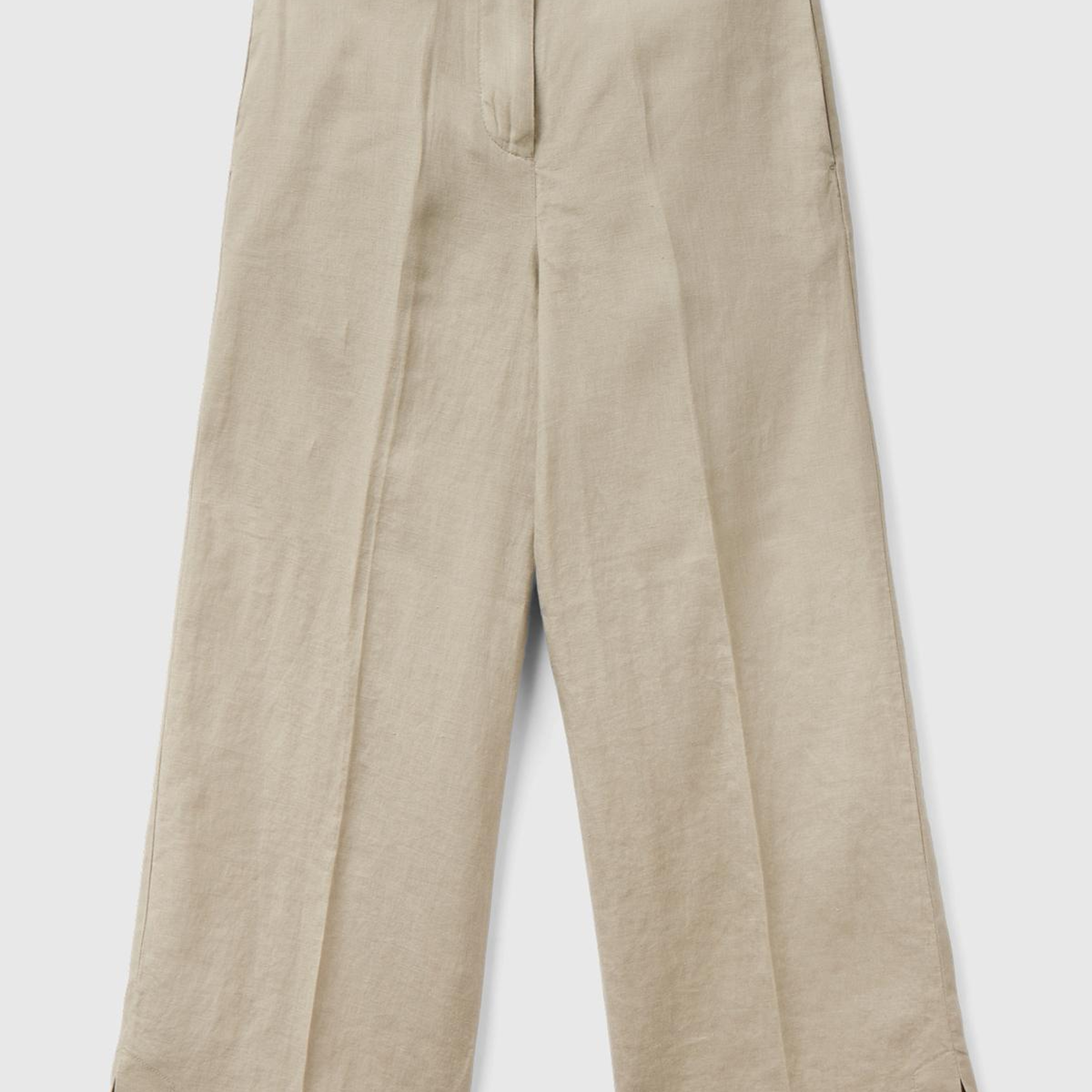 Kadın Bej %100 Keten Düğmeli Yüksek Bel  Paçası Yırtmaçlı Pantolon