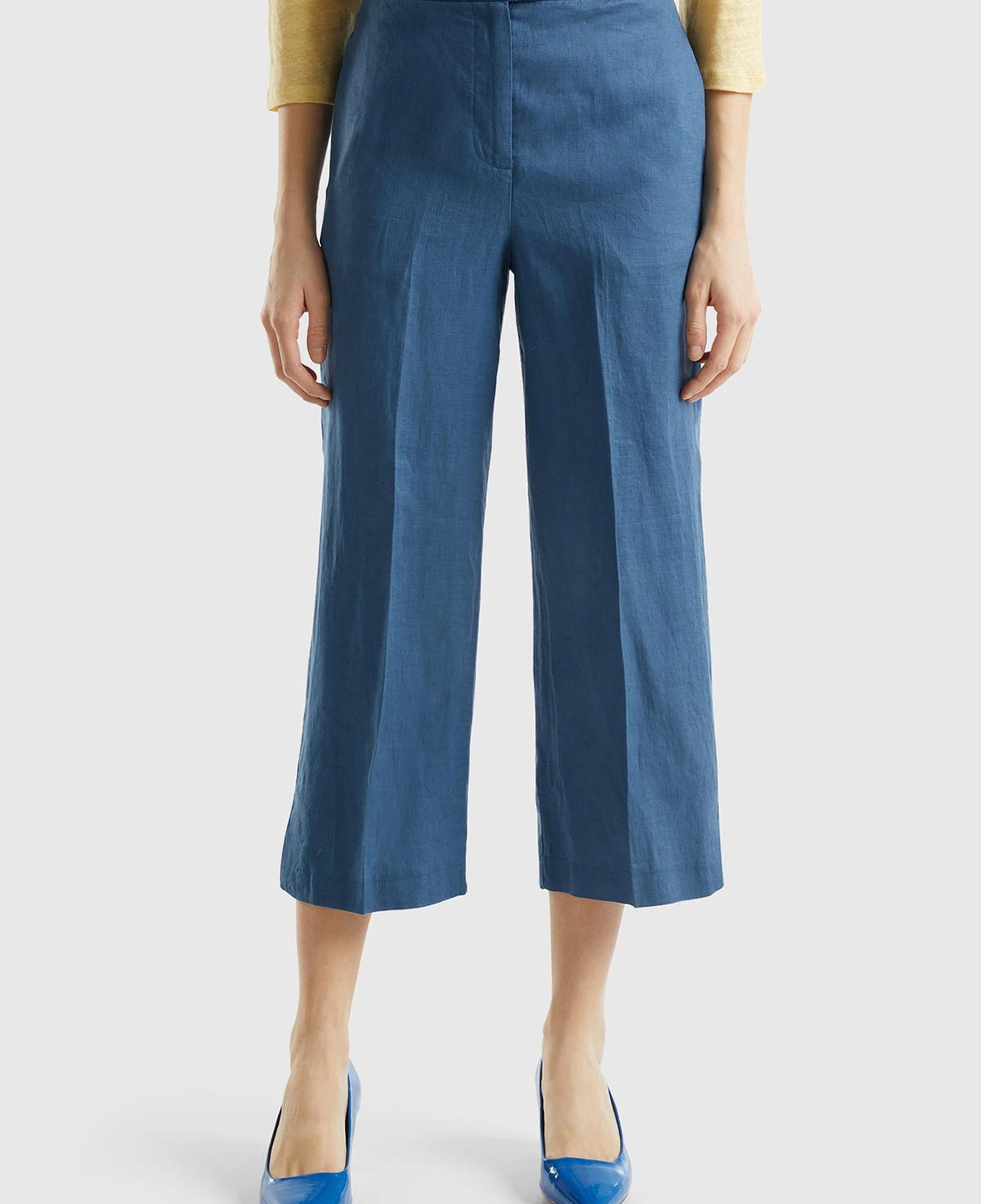 Kadın Gece Mavisi %100 Keten Düğmeli Yüksek Bel  Paçası Yırtmaçlı Pantolon