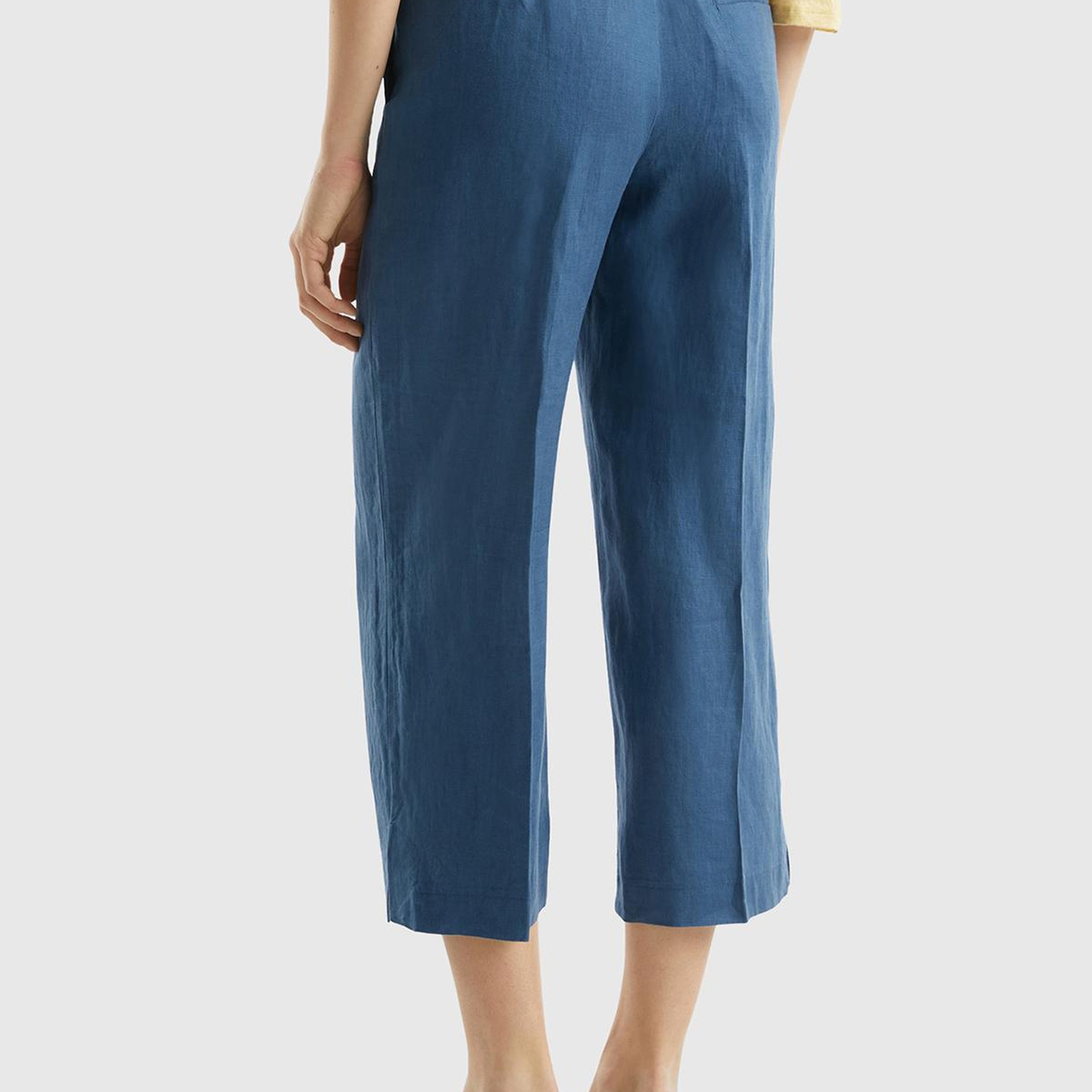 Kadın Gece Mavisi %100 Keten Düğmeli Yüksek Bel  Paçası Yırtmaçlı Pantolon