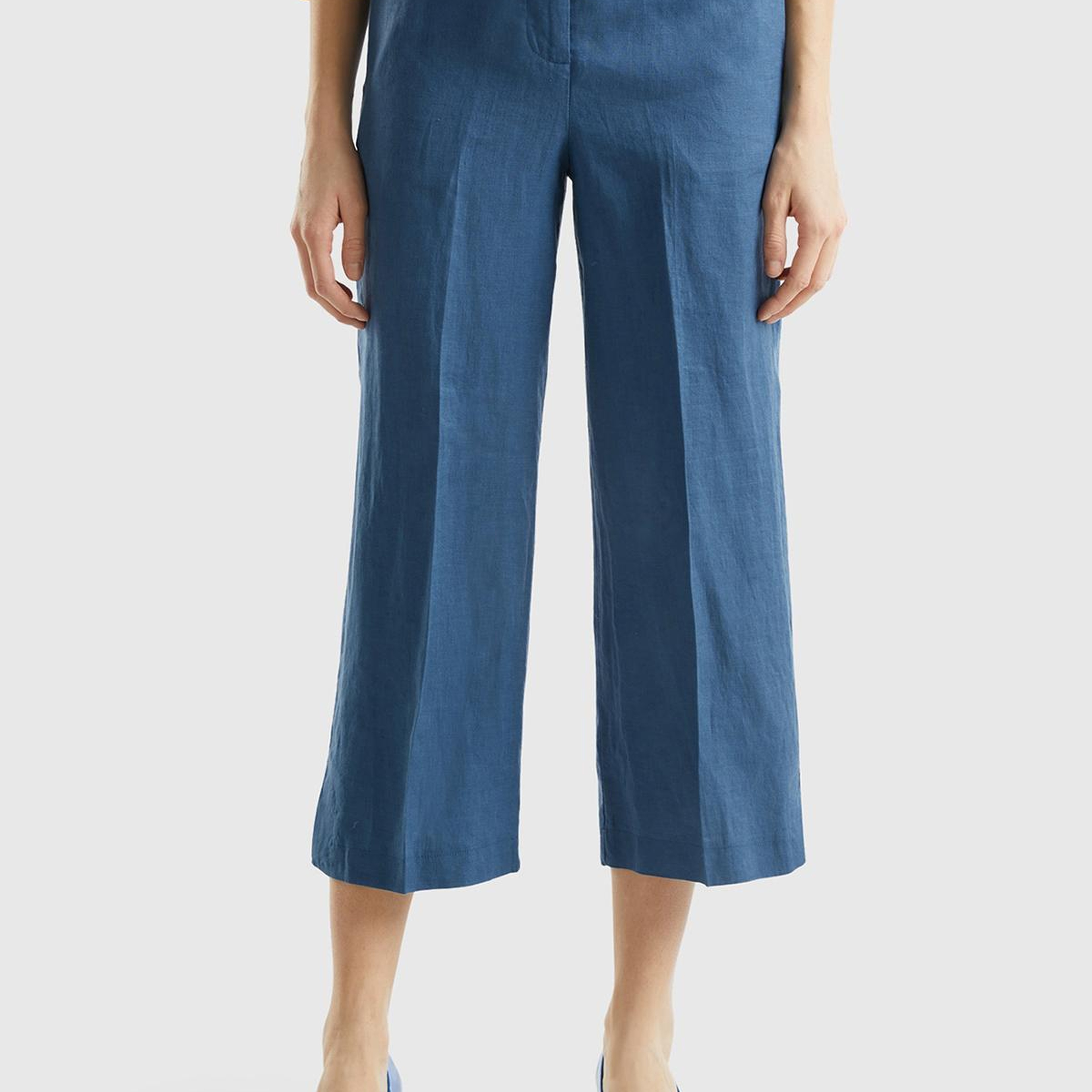 Kadın Gece Mavisi %100 Keten Düğmeli Yüksek Bel  Paçası Yırtmaçlı Pantolon