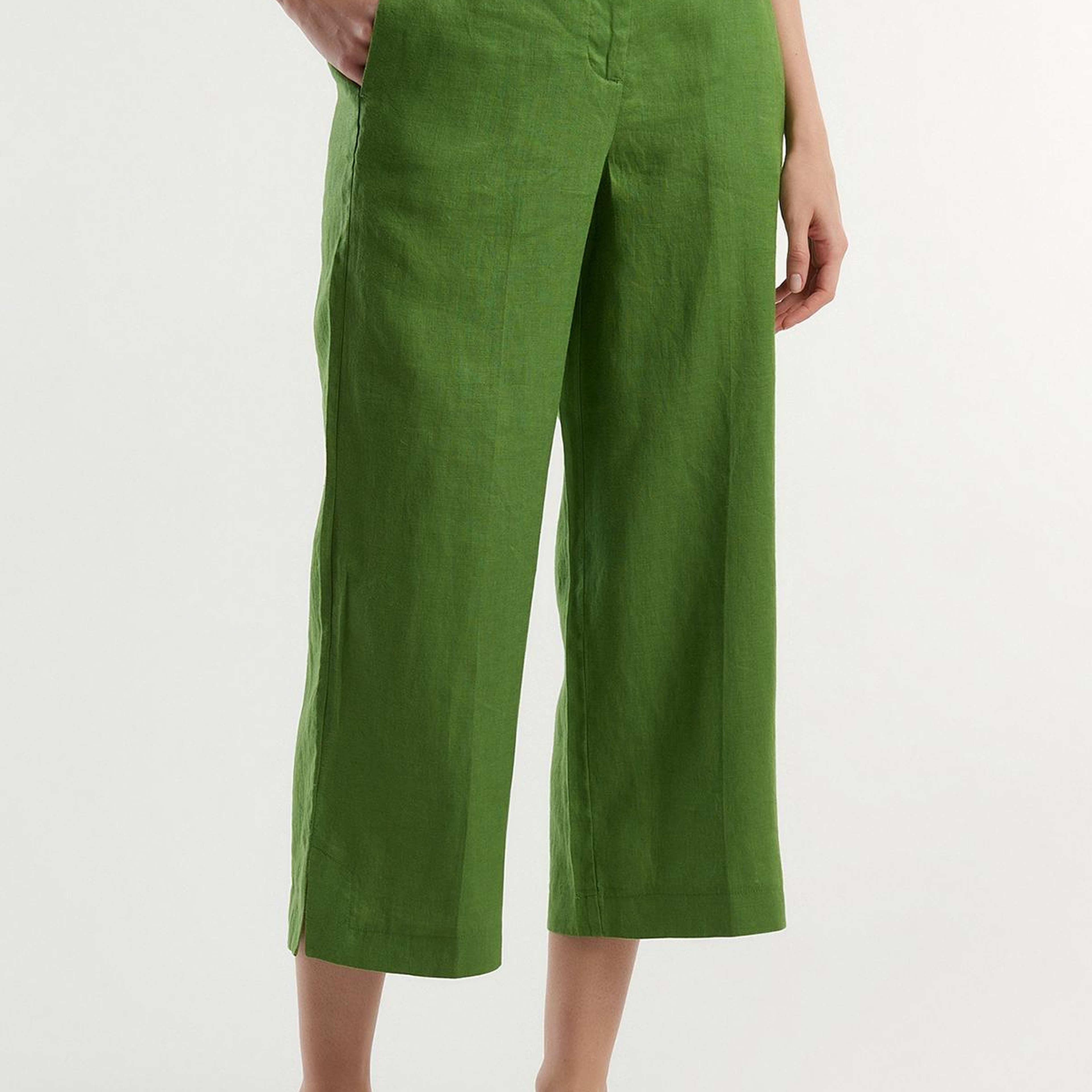 Kadın Soluk Yeşil %100 Keten Düğmeli Yüksek Bel  Paçası Yırtmaçlı Pantolon