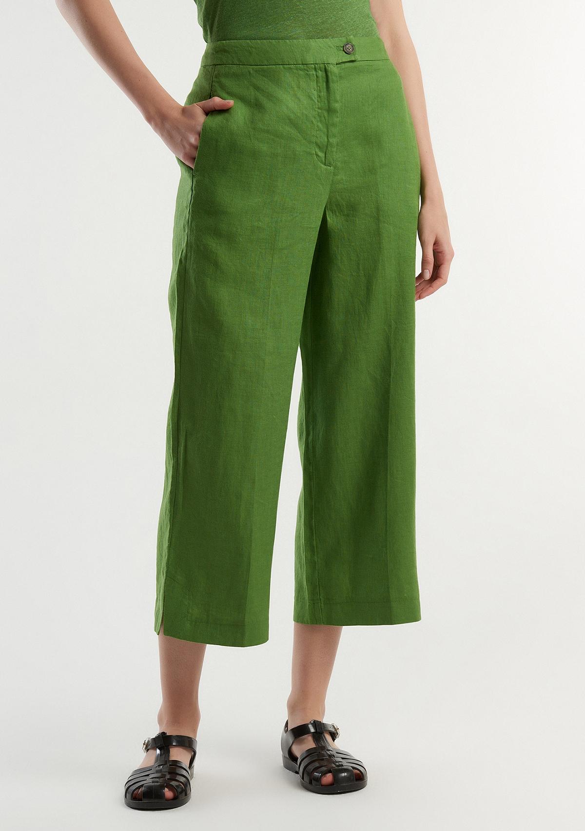 Kadın Soluk Yeşil %100 Keten Düğmeli Yüksek Bel  Paçası Yırtmaçlı Pantolon