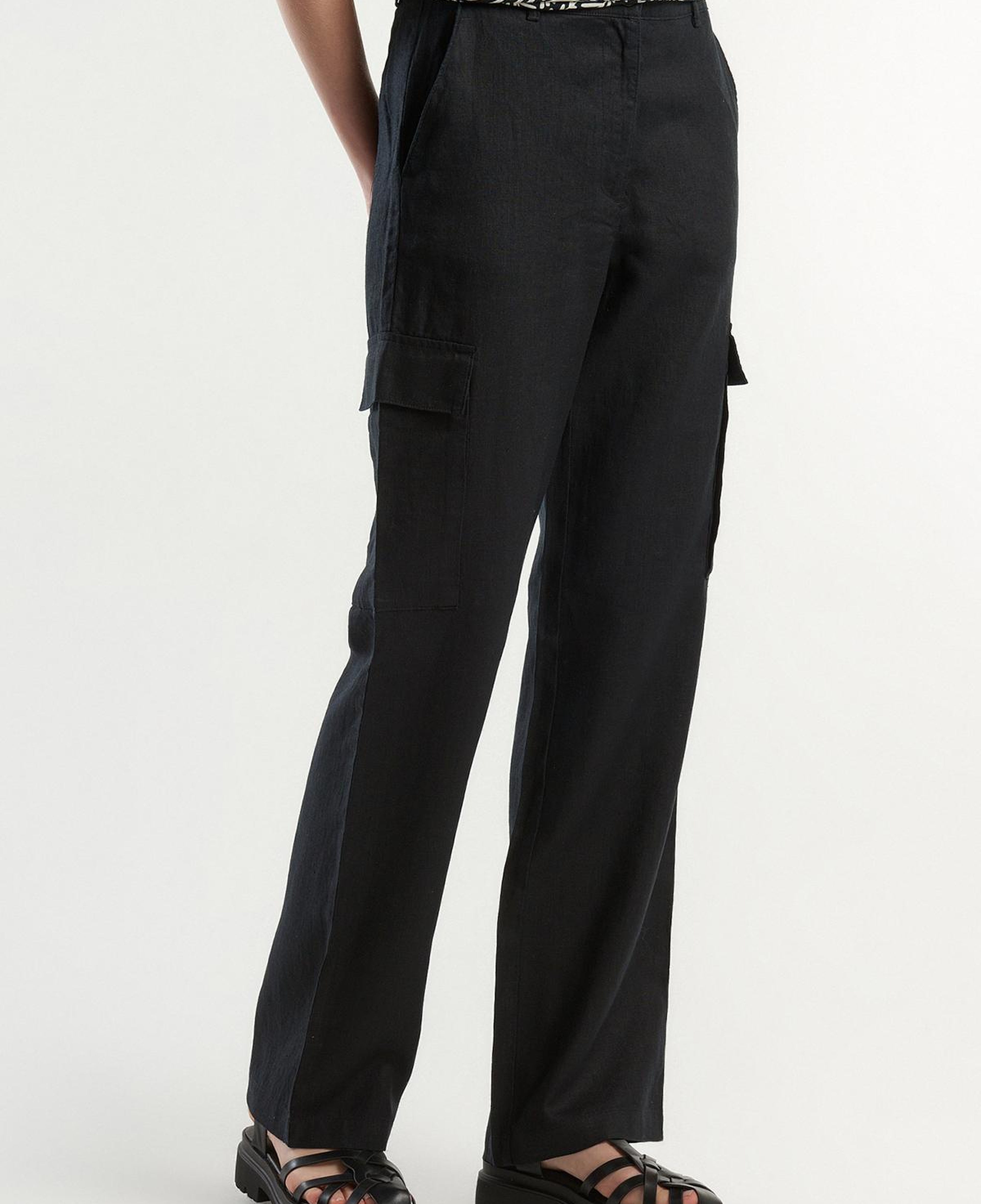 Kadın Siyah %100 Keten Kargo Pantolon