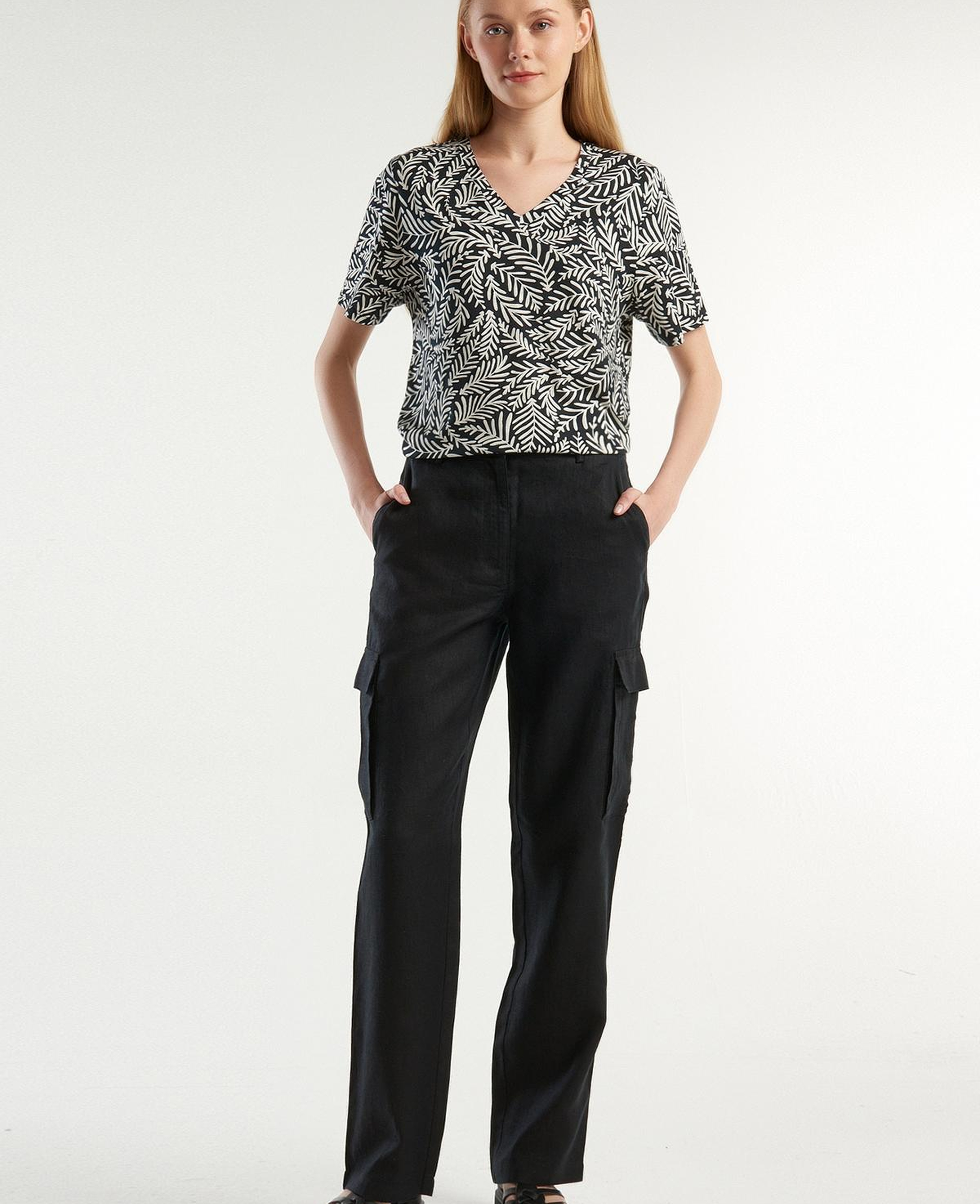 Kadın Siyah %100 Keten Kargo Pantolon