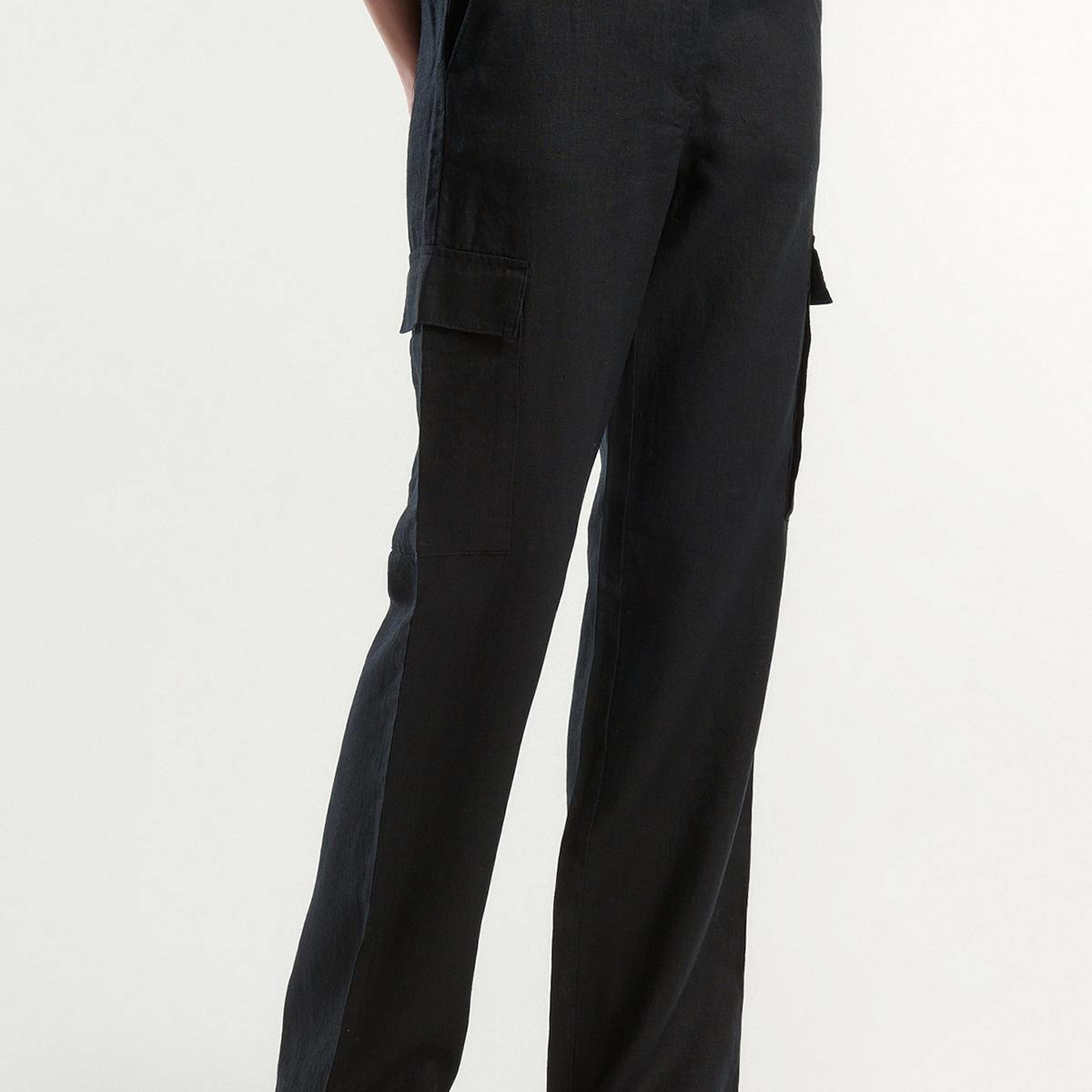 Kadın Siyah %100 Keten Kargo Pantolon