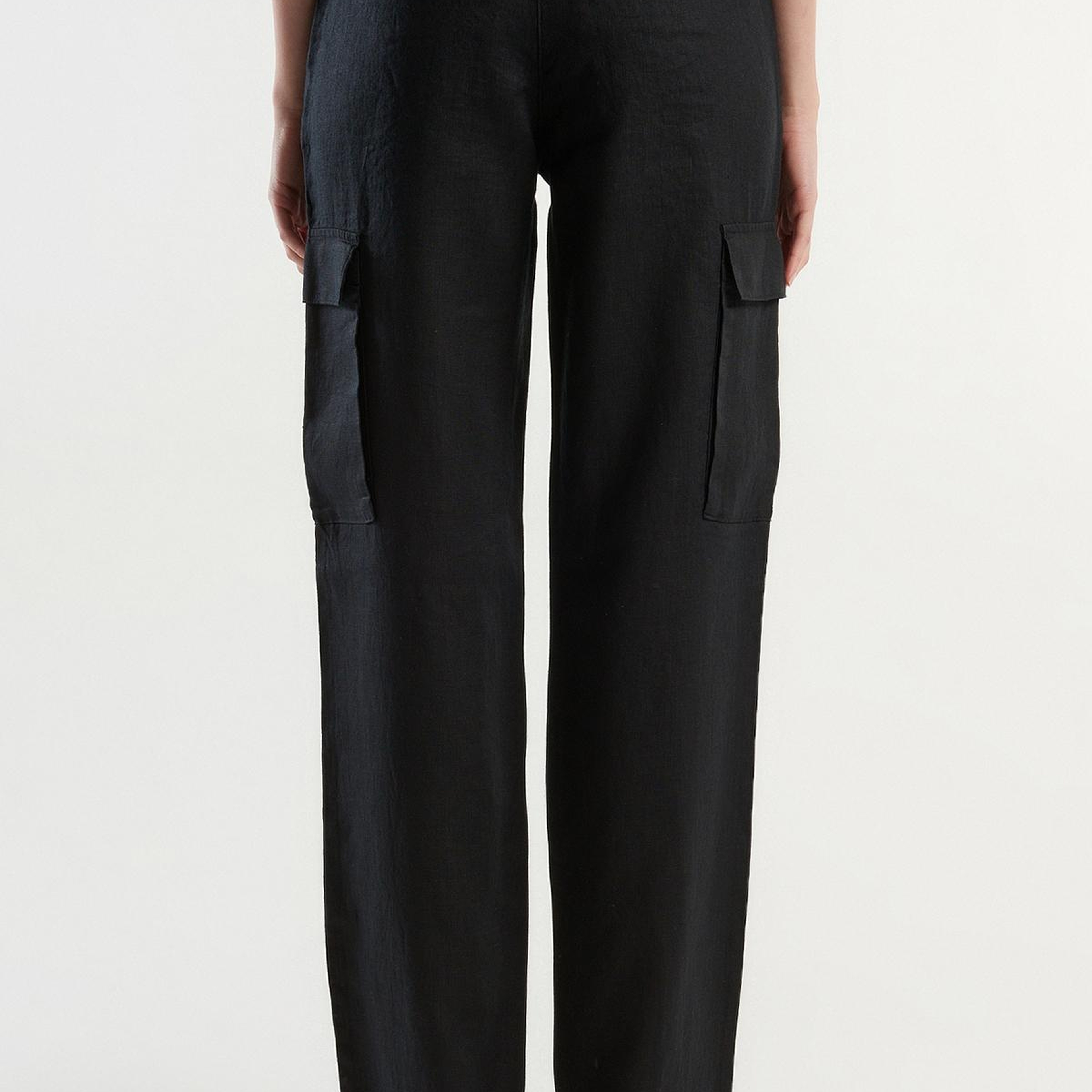 Kadın Siyah %100 Keten Kargo Pantolon