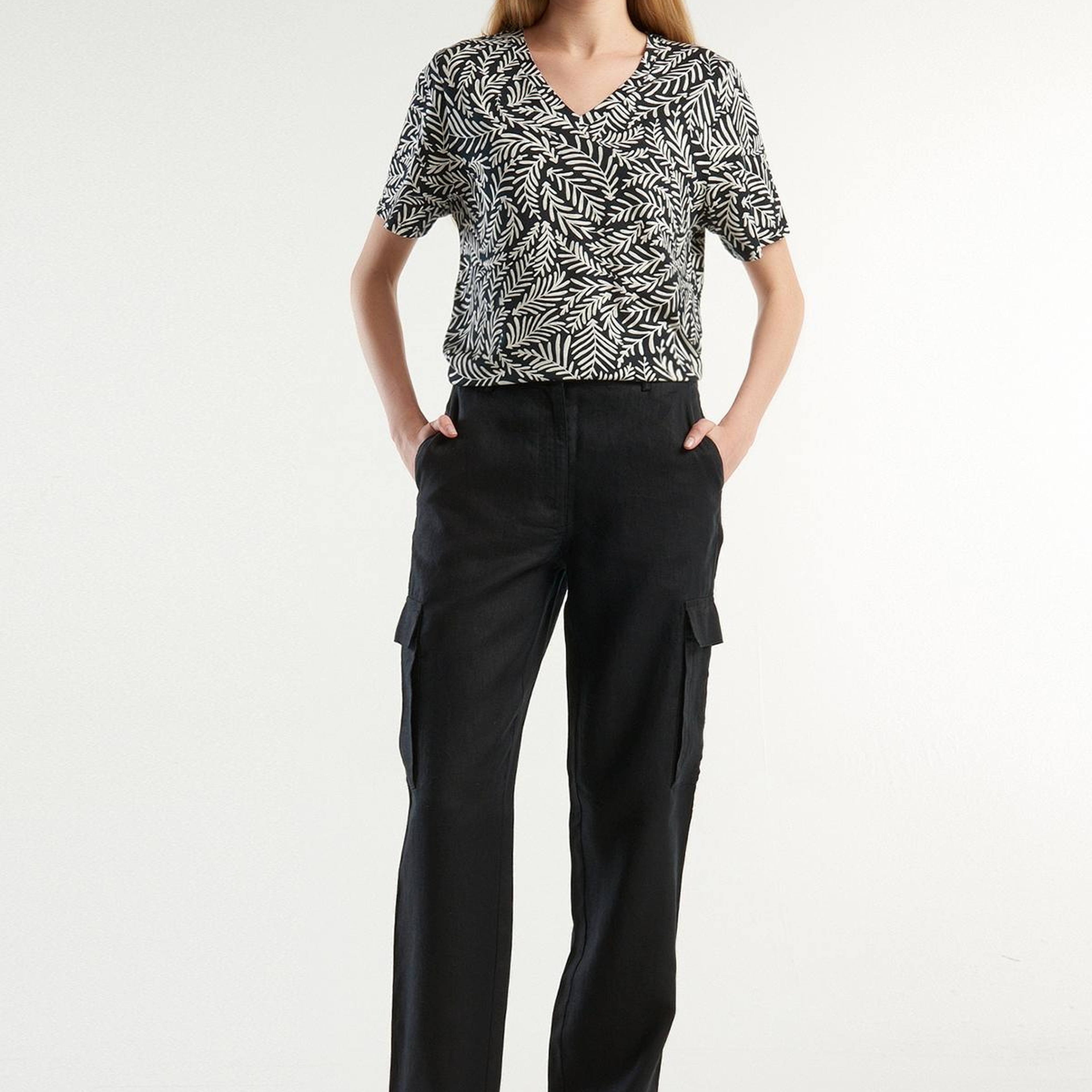 Kadın Siyah %100 Keten Kargo Pantolon