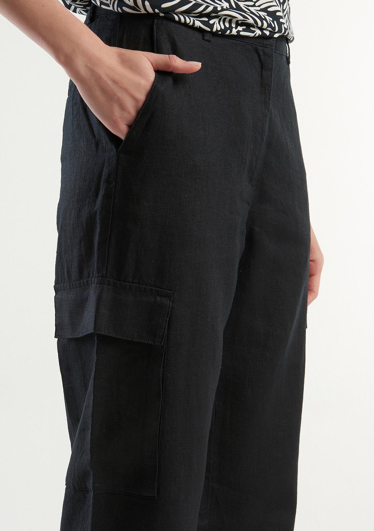 Kadın Siyah %100 Keten Kargo Pantolon