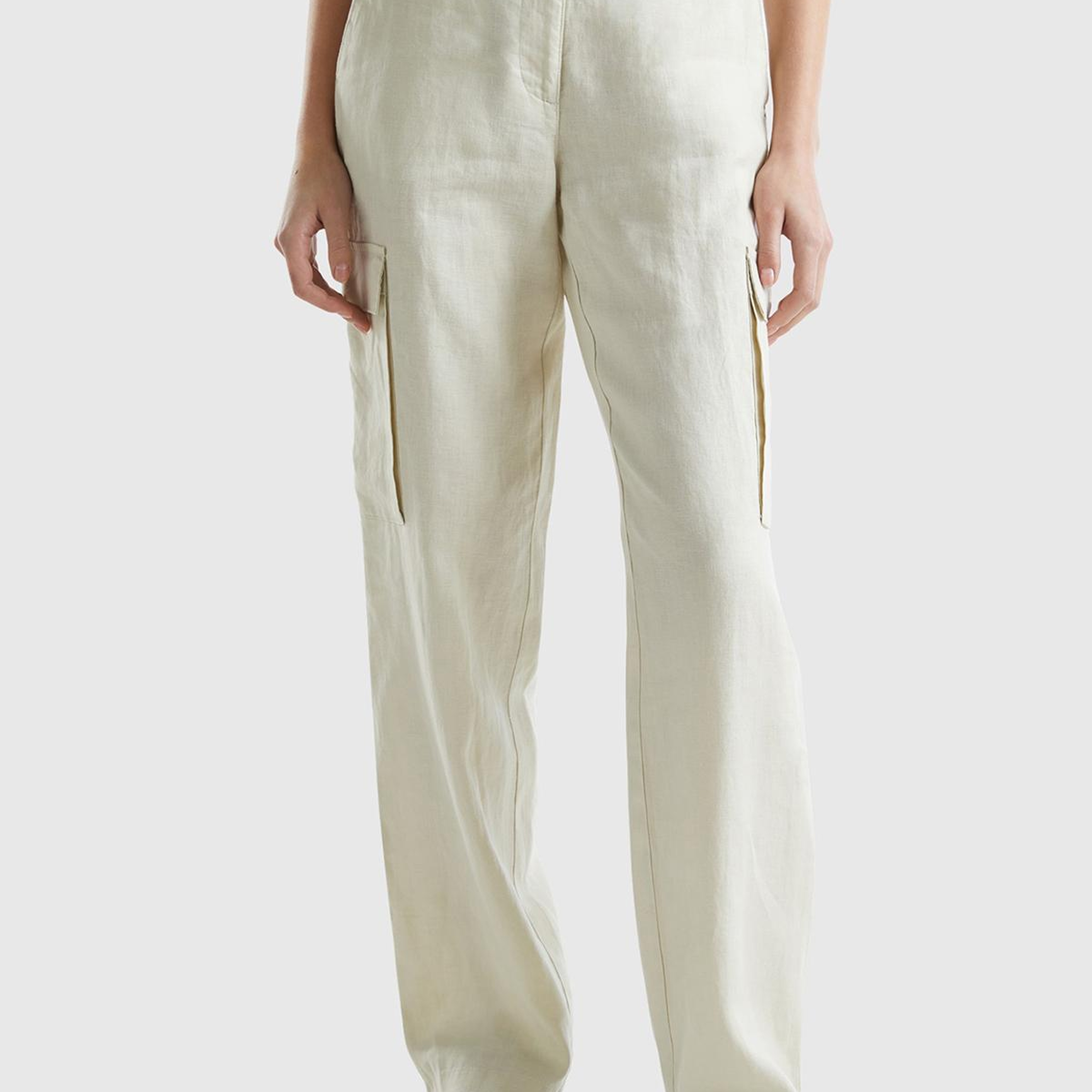 Kadın Bej %100 Keten Kargo Pantolon