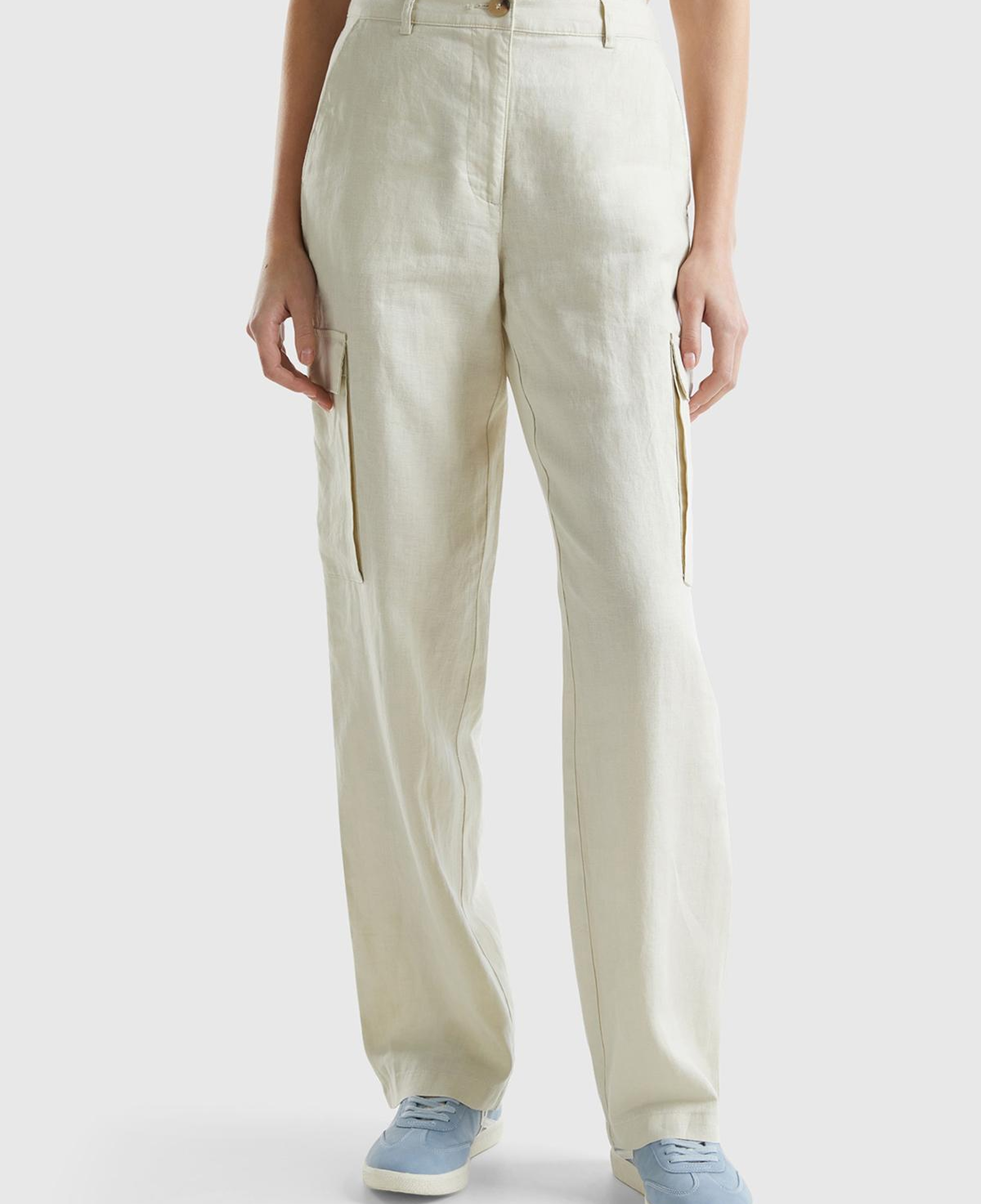 Kadın Bej %100 Keten Kargo Pantolon