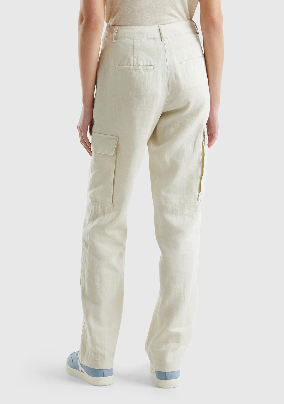 Kadın Bej %100 Keten Kargo Pantolon