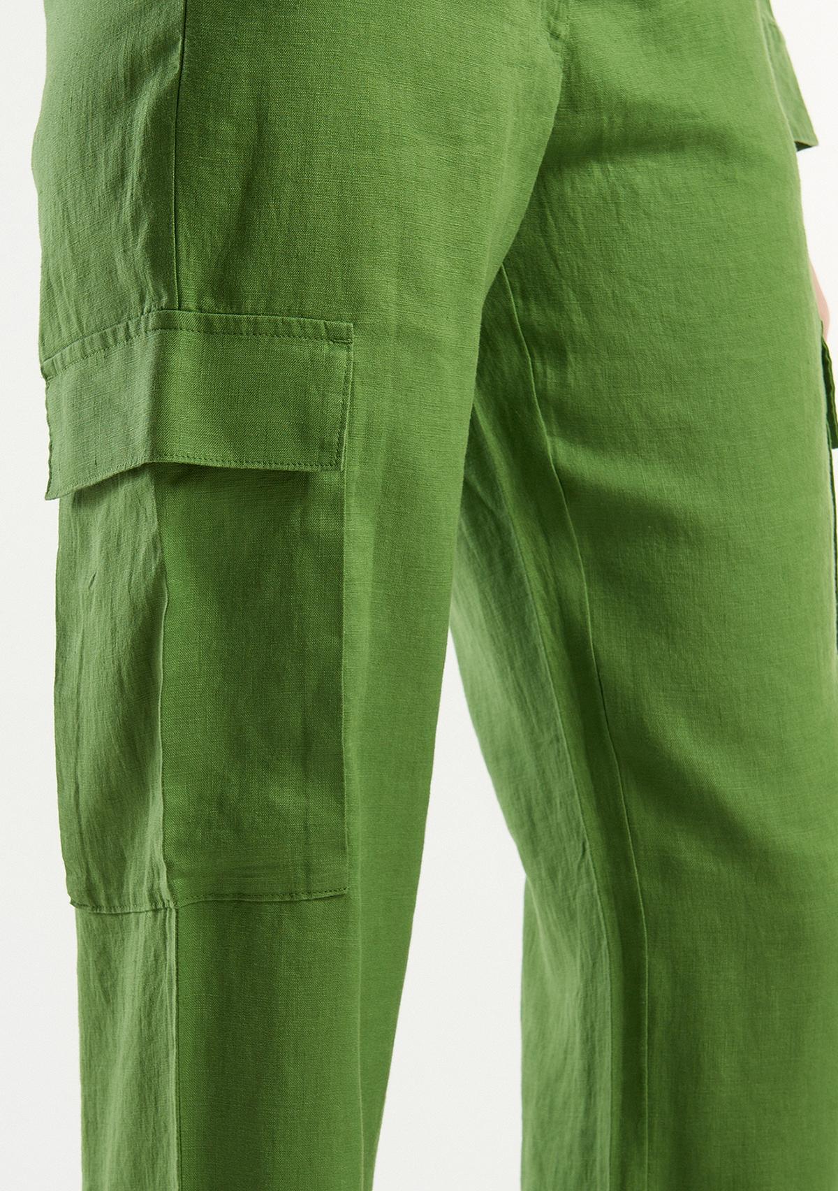 Kadın Soluk Yeşil %100 Keten Kargo Pantolon