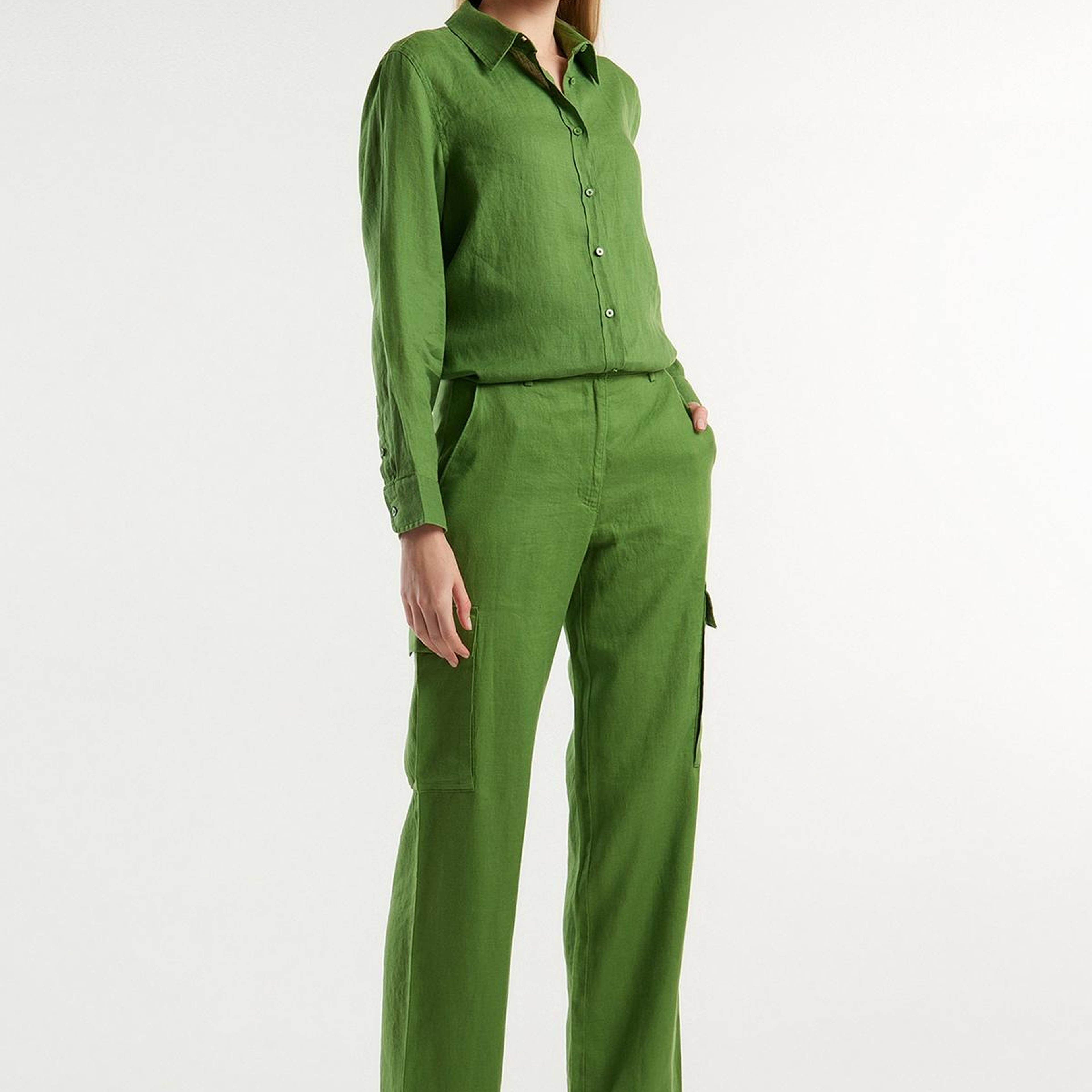 Kadın Soluk Yeşil %100 Keten Kargo Pantolon