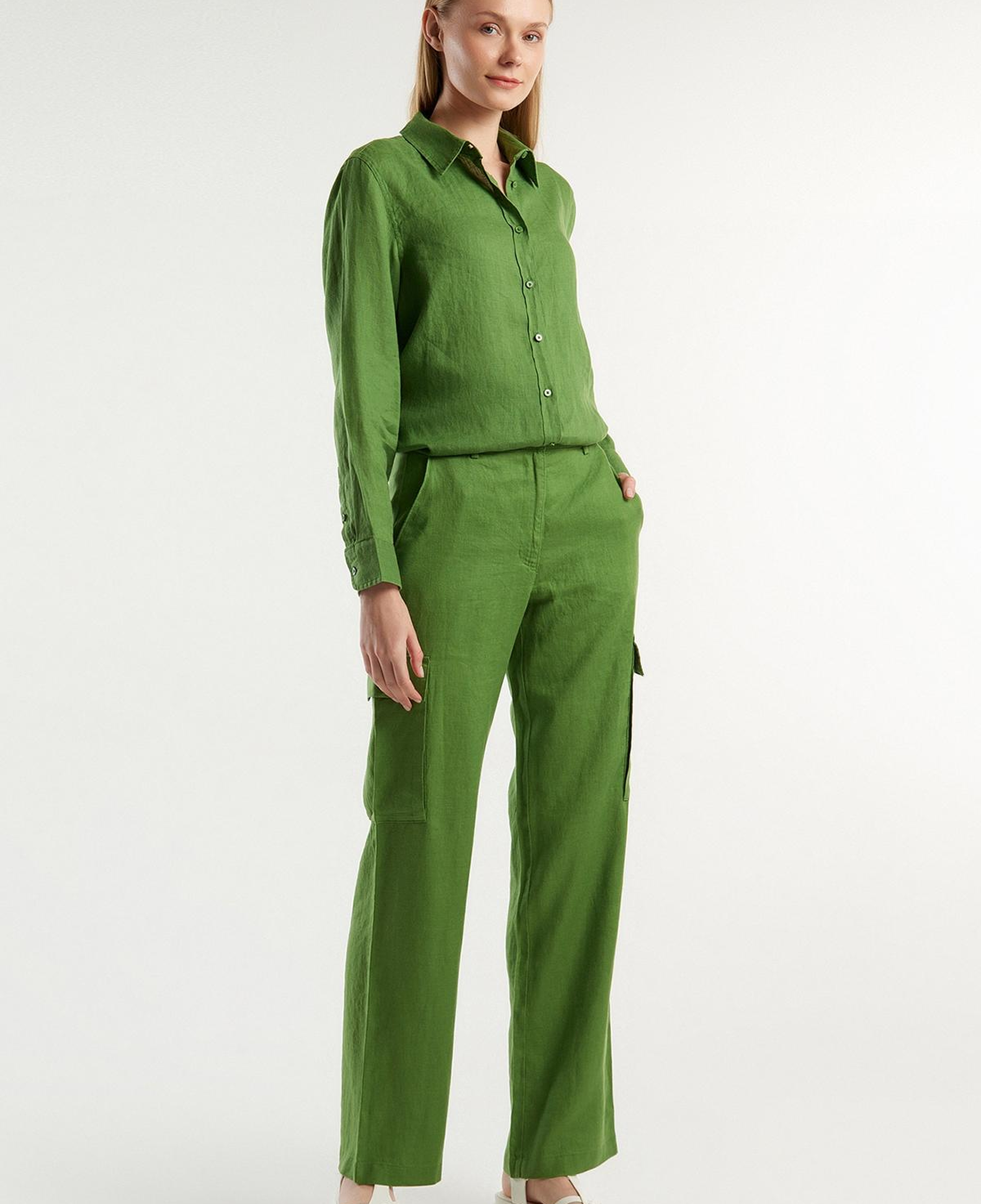 Kadın Soluk Yeşil %100 Keten Kargo Pantolon