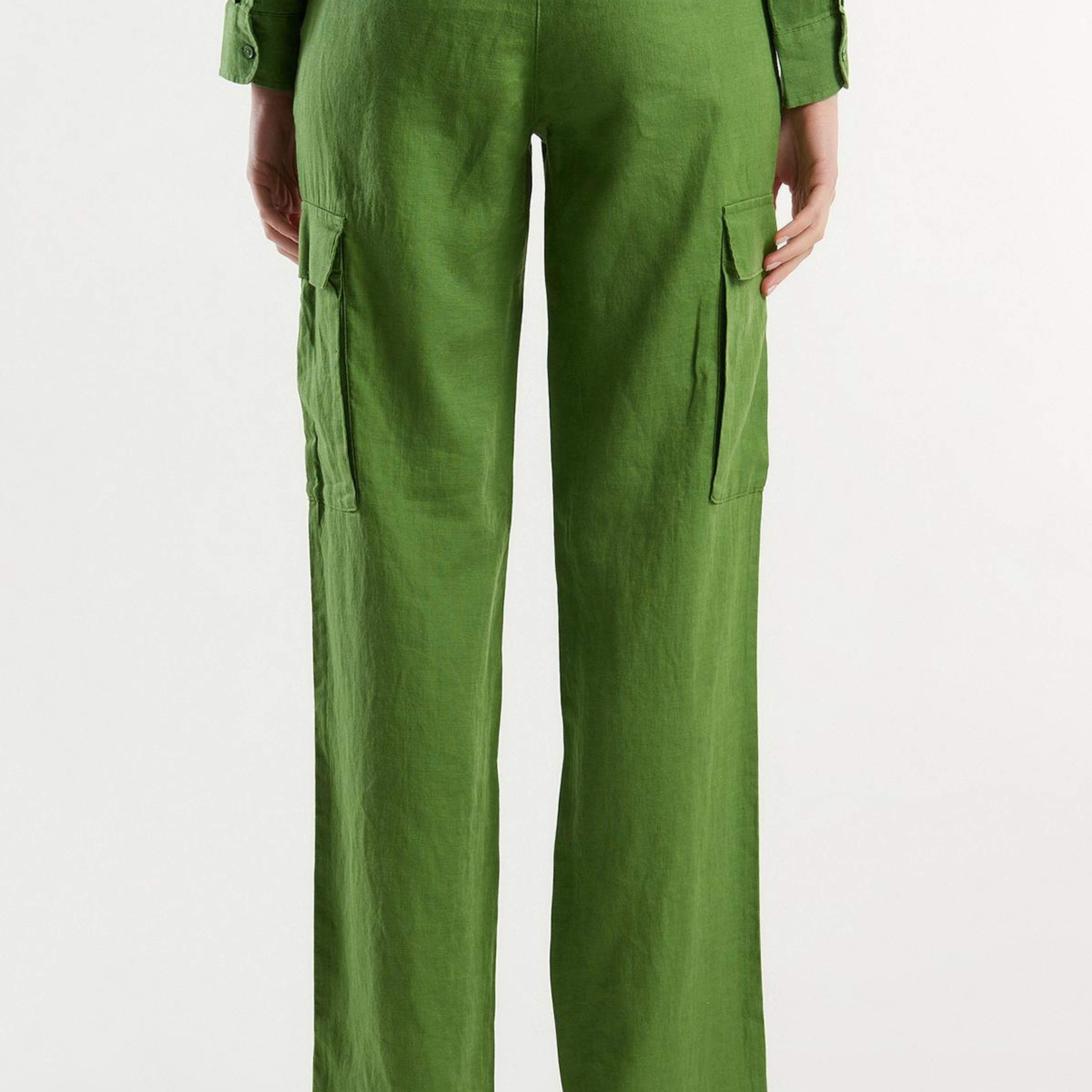 Kadın Soluk Yeşil %100 Keten Kargo Pantolon