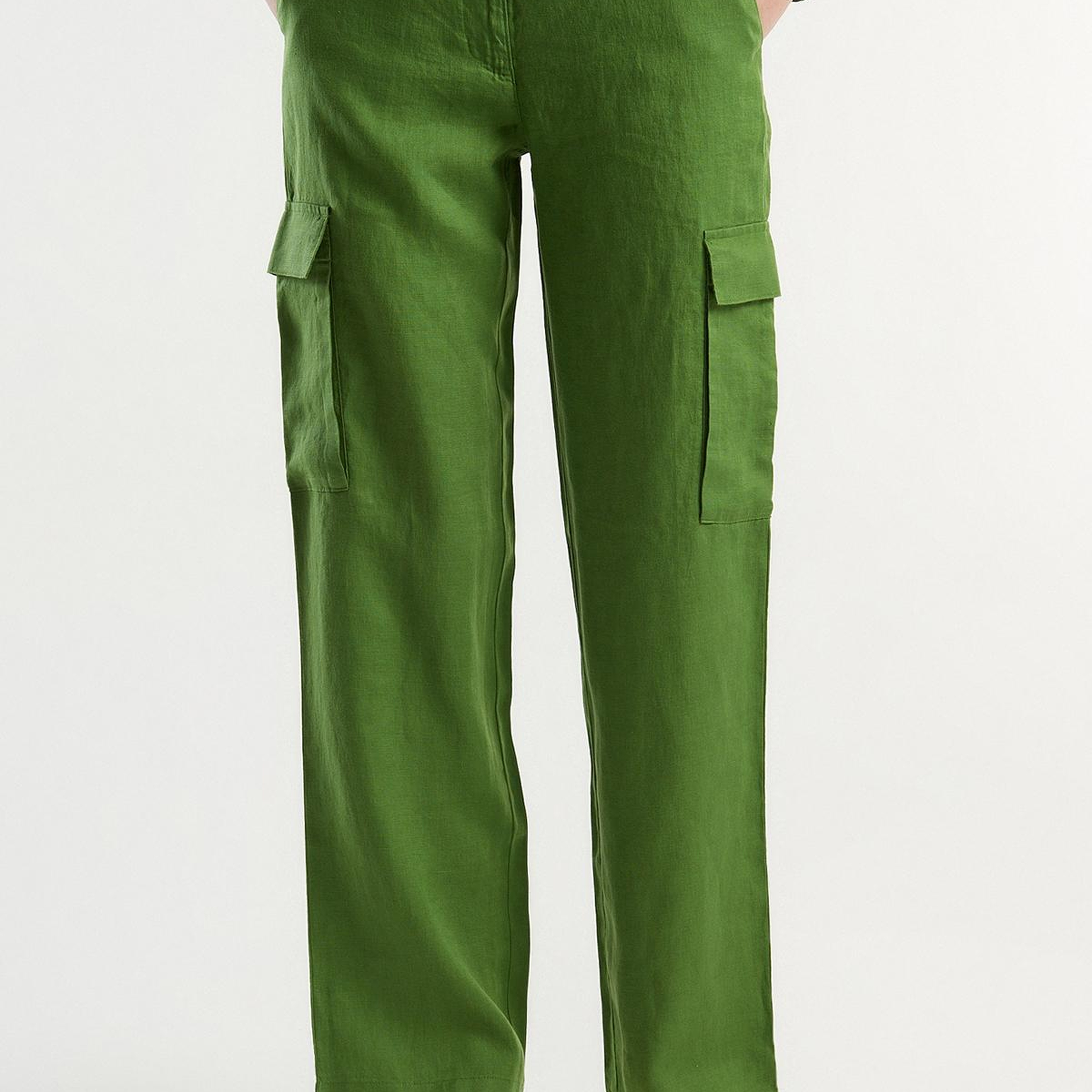 Kadın Soluk Yeşil %100 Keten Kargo Pantolon