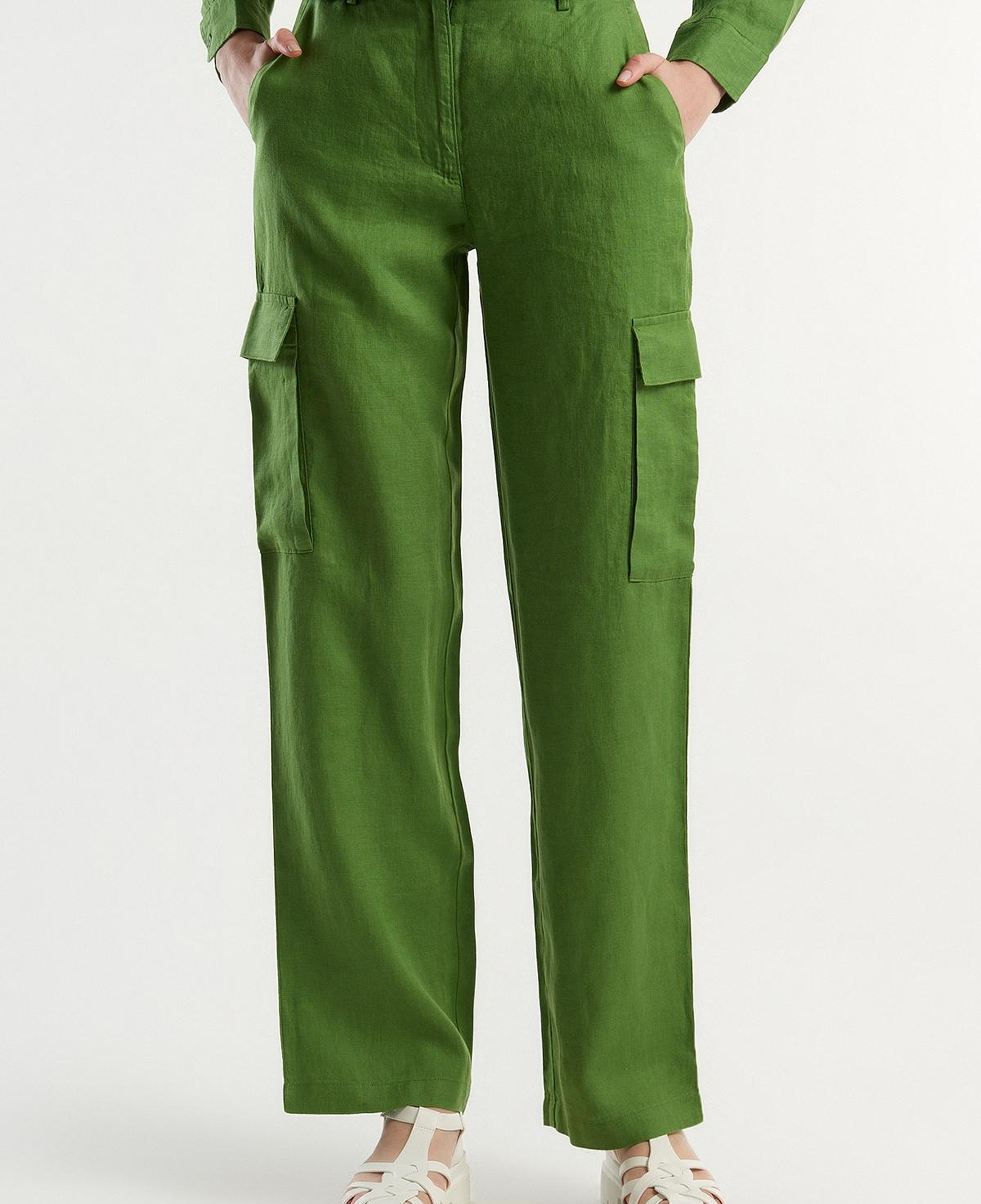 Kadın Soluk Yeşil %100 Keten Kargo Pantolon