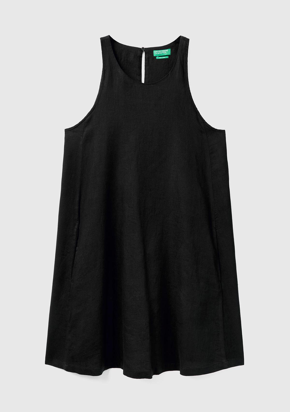 Kadın Siyah %100 Keten Kolsuz Elbise