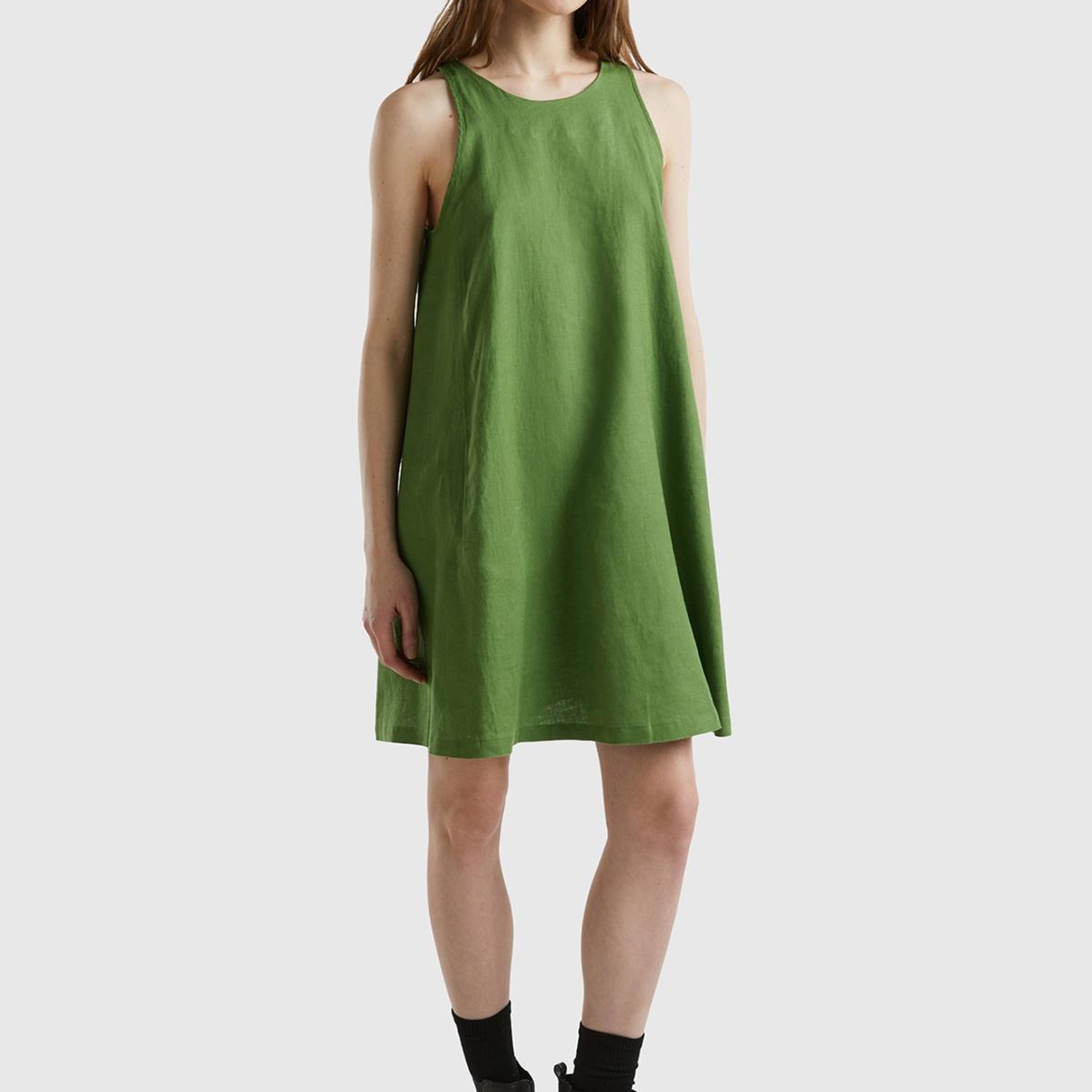 Kadın Soluk Yeşil %100 Keten Kolsuz Elbise