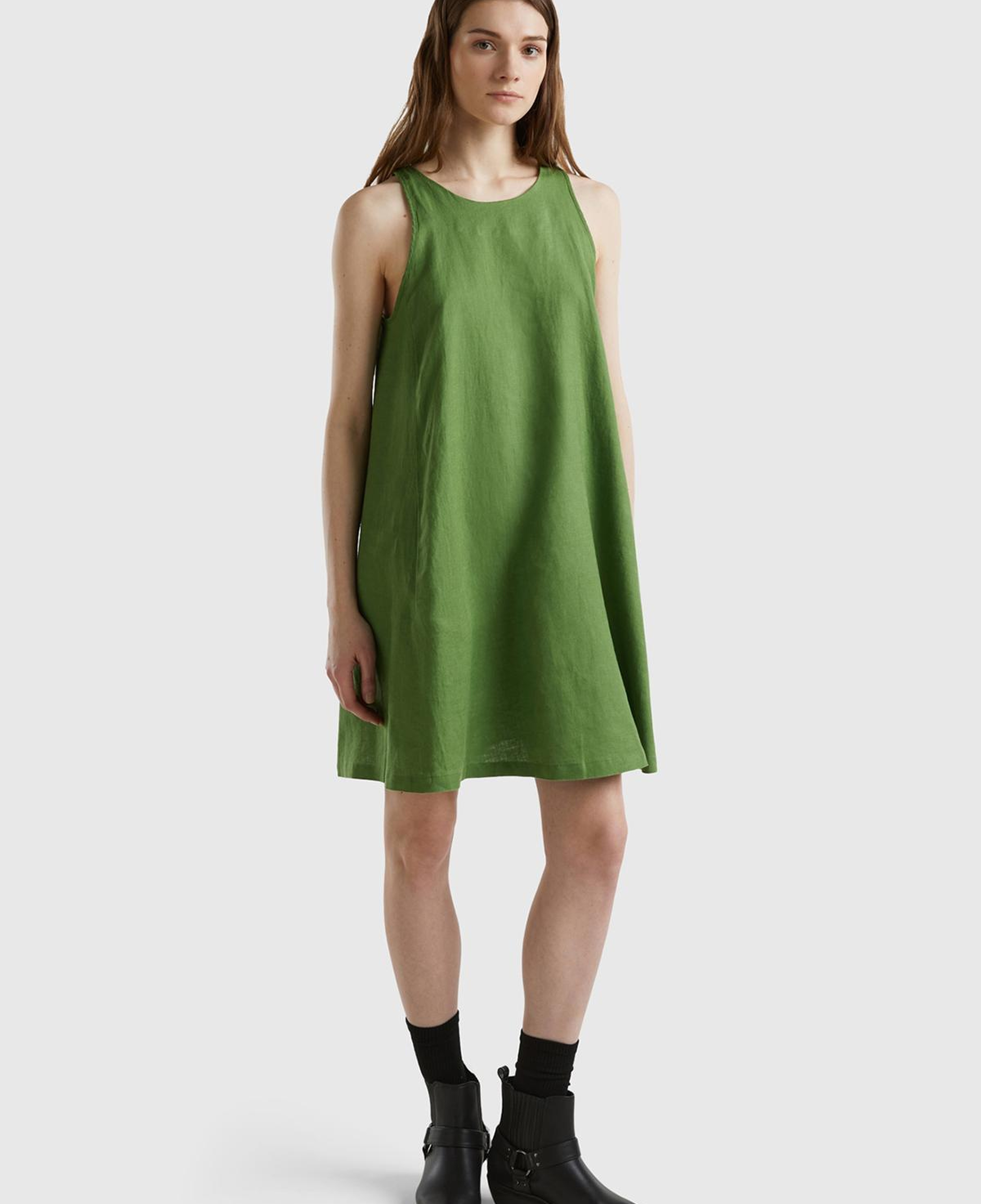 Kadın Soluk Yeşil %100 Keten Kolsuz Elbise