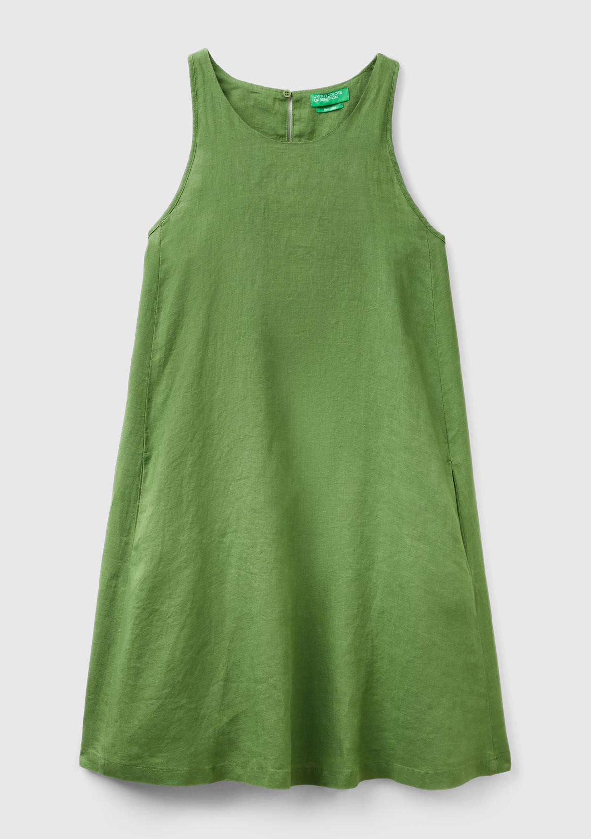 Kadın Soluk Yeşil %100 Keten Kolsuz Elbise