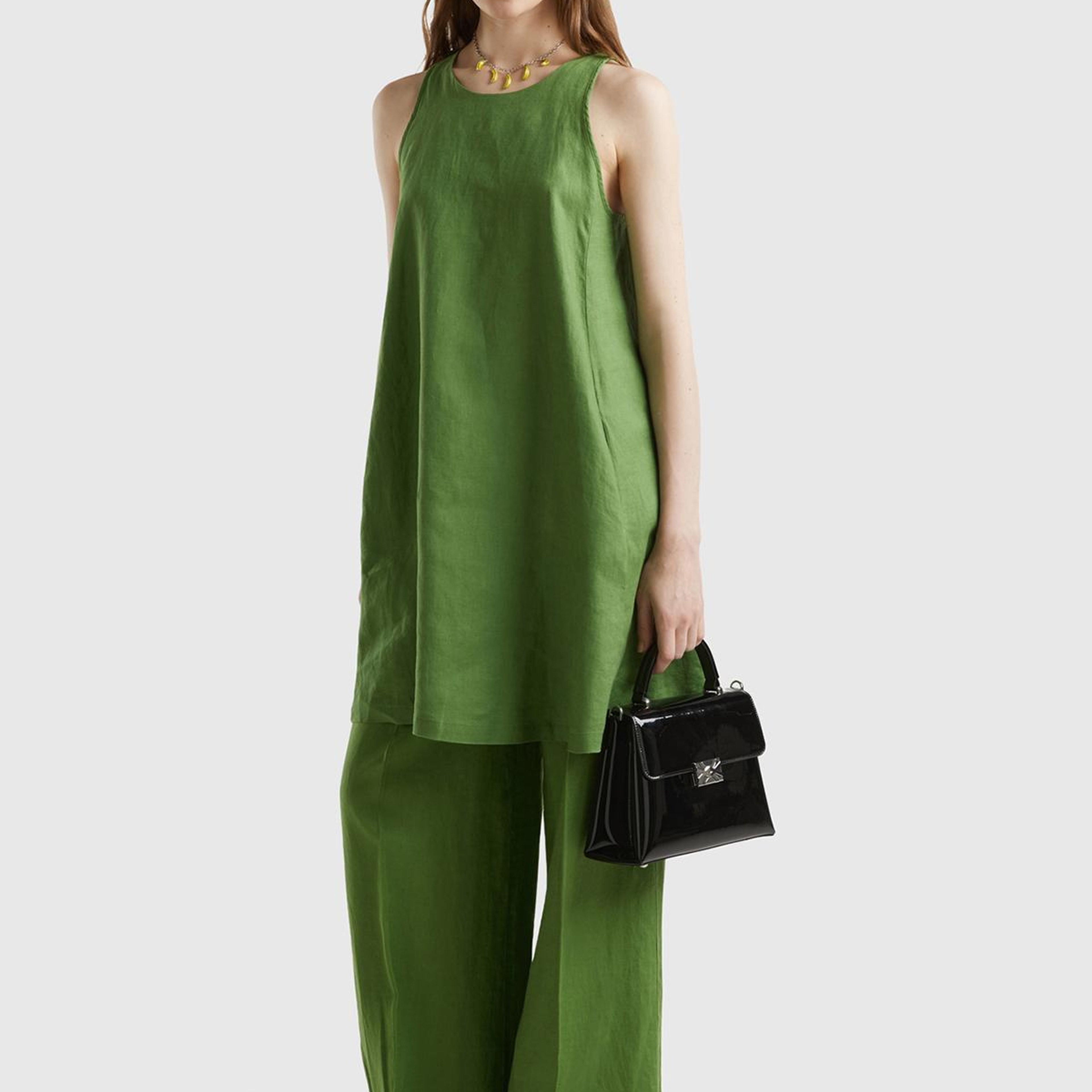 Kadın Soluk Yeşil %100 Keten Kolsuz Elbise