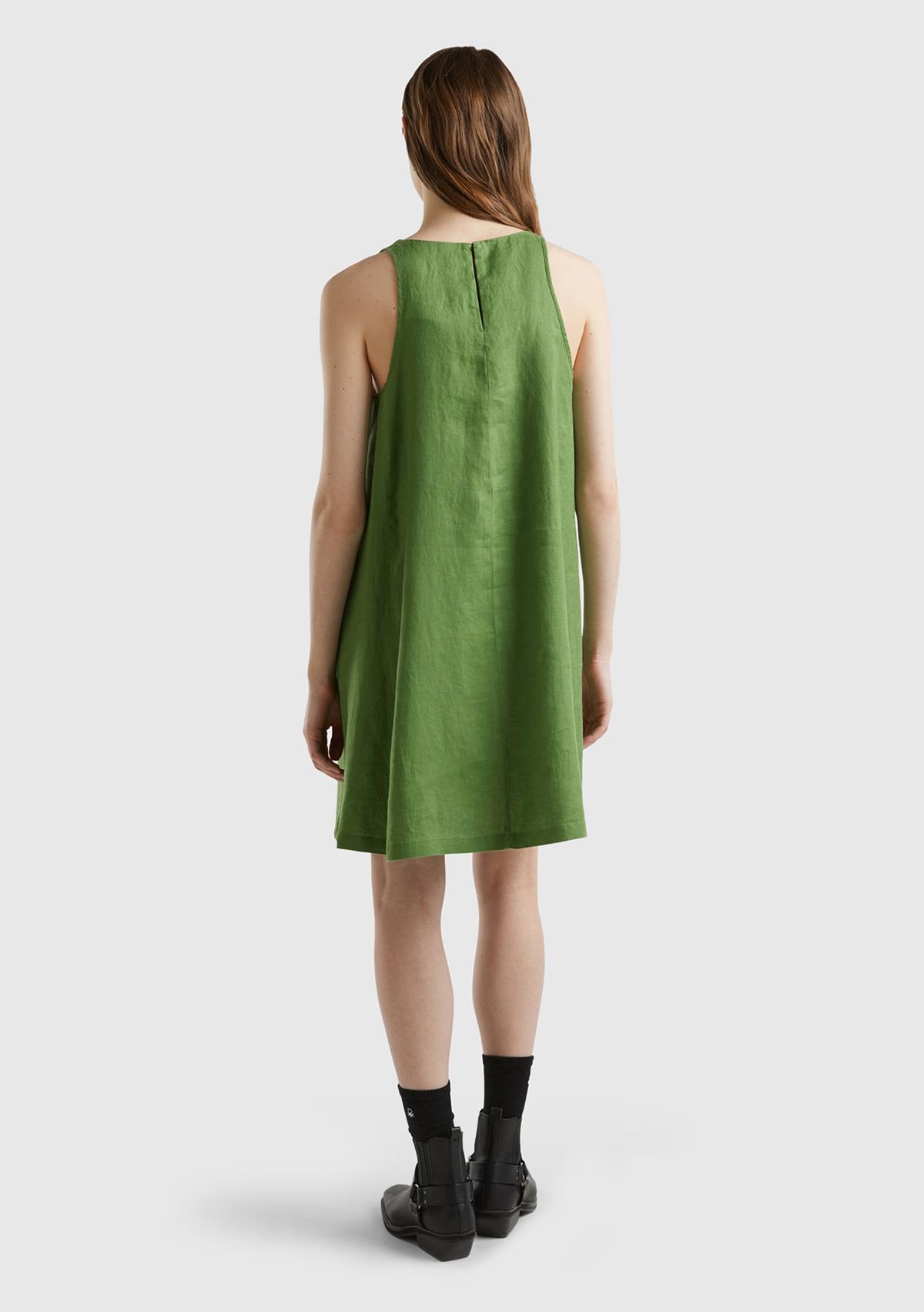 Kadın Soluk Yeşil %100 Keten Kolsuz Elbise