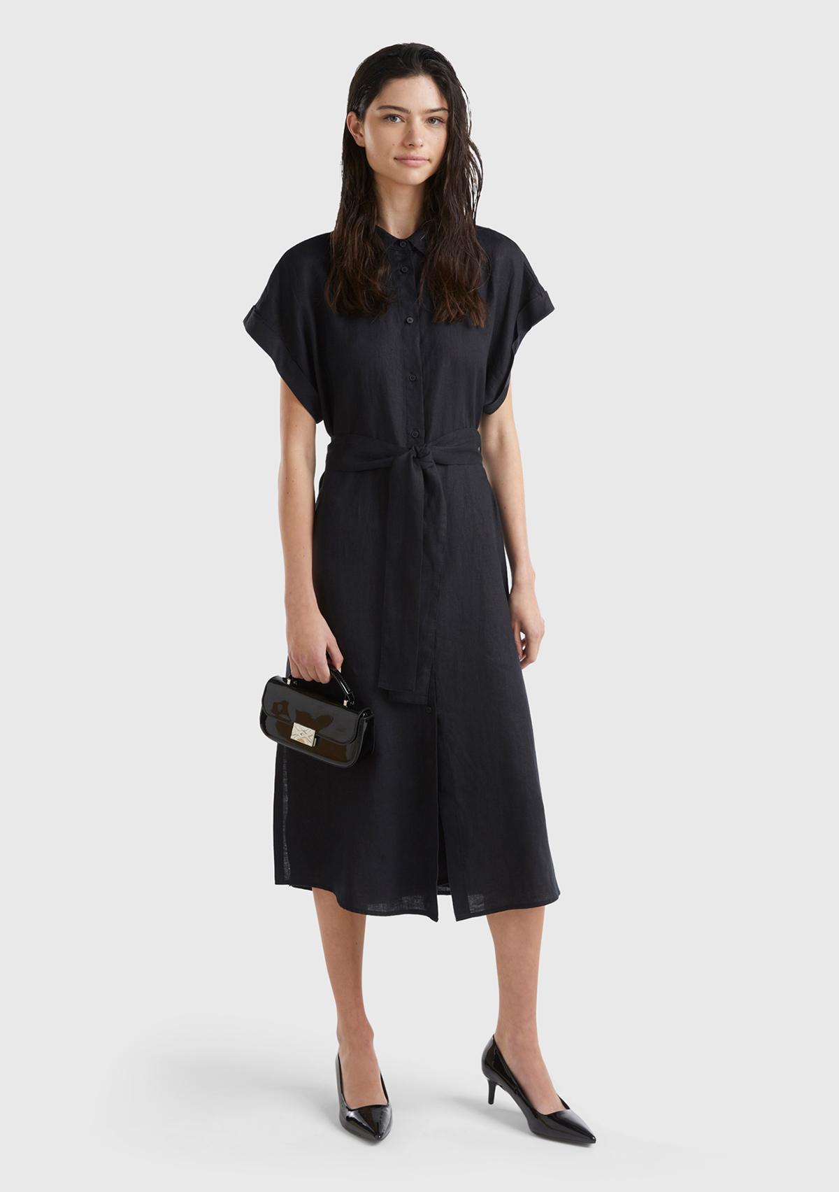 Kadın Siyah %100 Keten Önü Düğme Kapamalı Beli Kuşaklı Midi Elbise