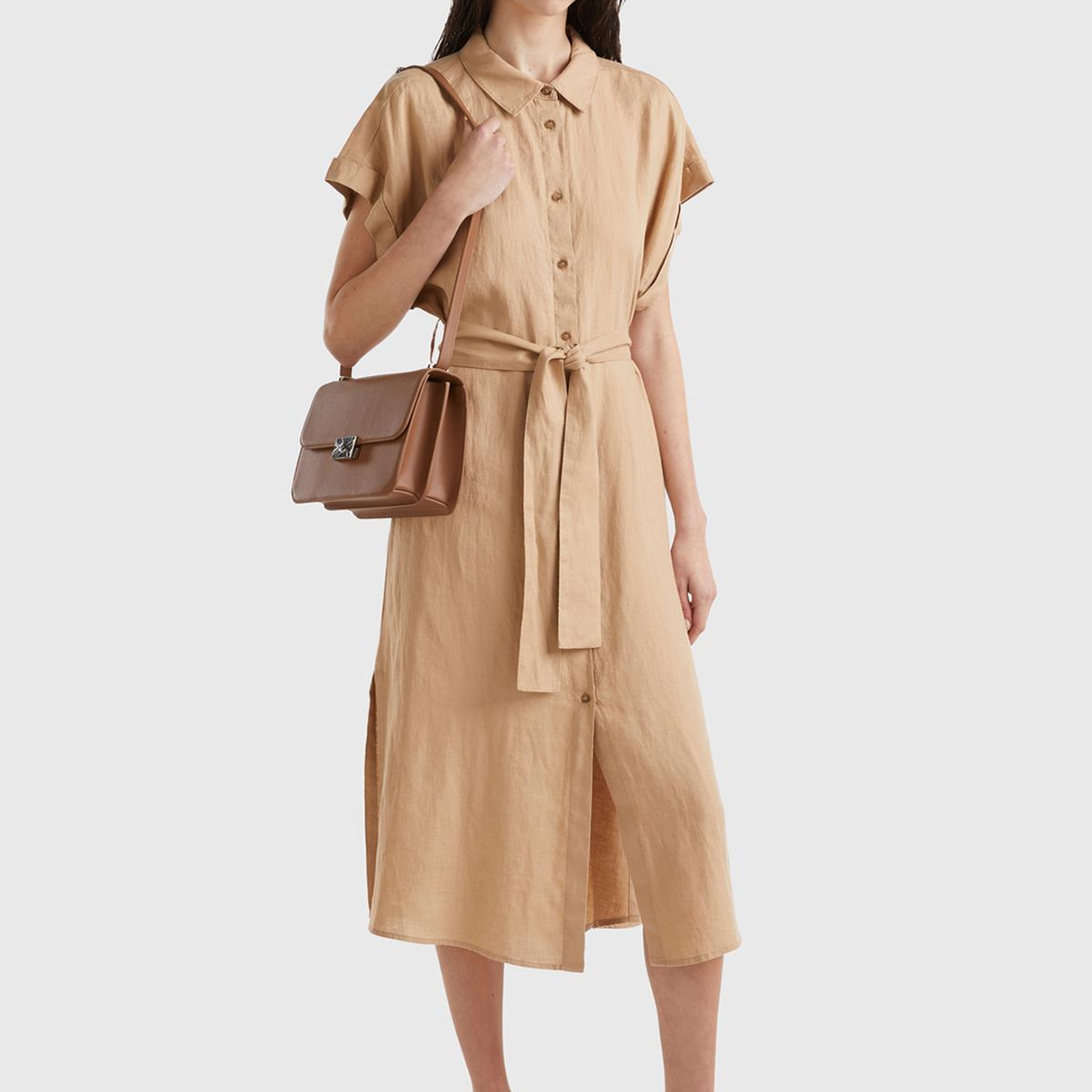 Kadın Taba %100 Keten Önü Düğme Kapamalı Beli Kuşaklı Midi Elbise