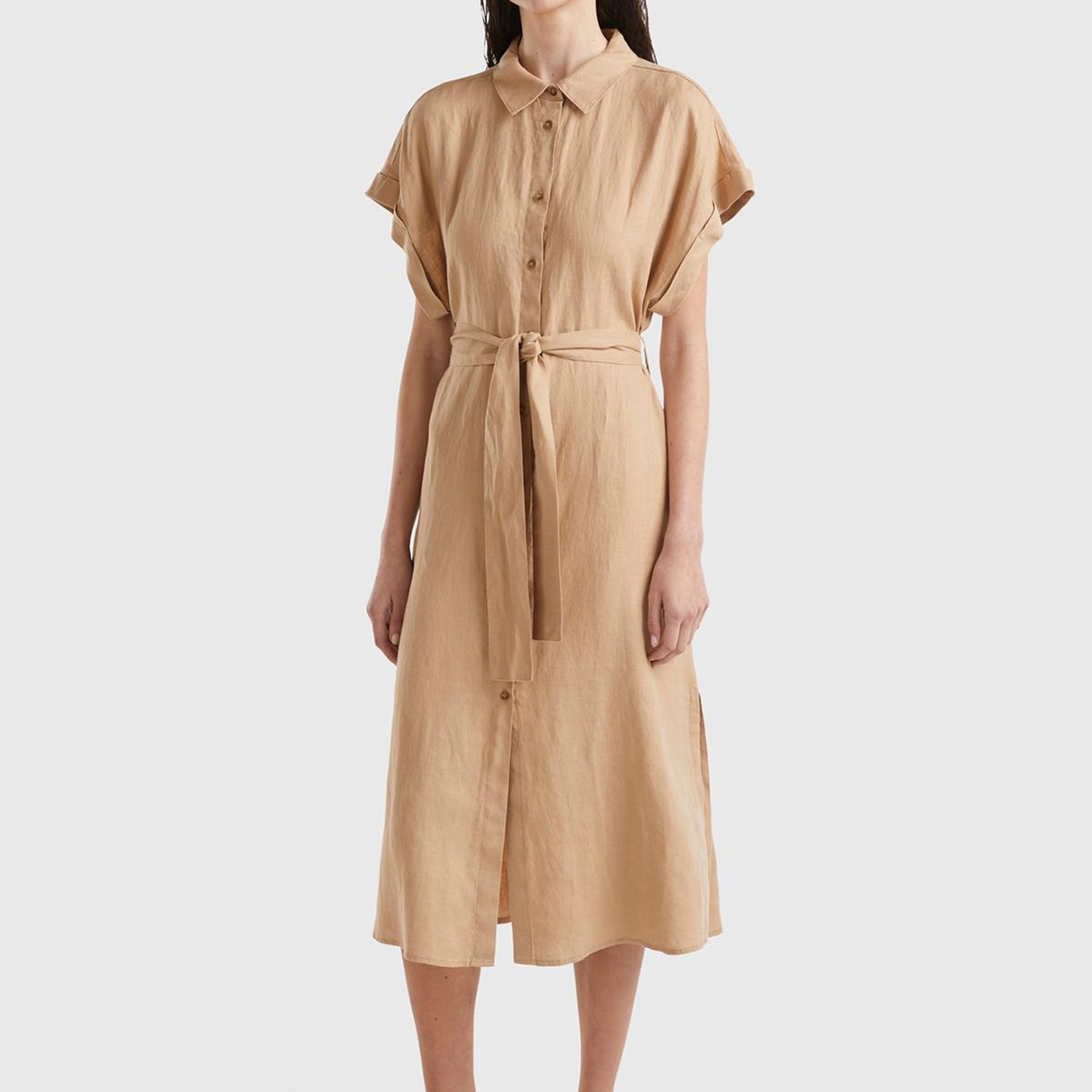 Kadın Taba %100 Keten Önü Düğme Kapamalı Beli Kuşaklı Midi Elbise