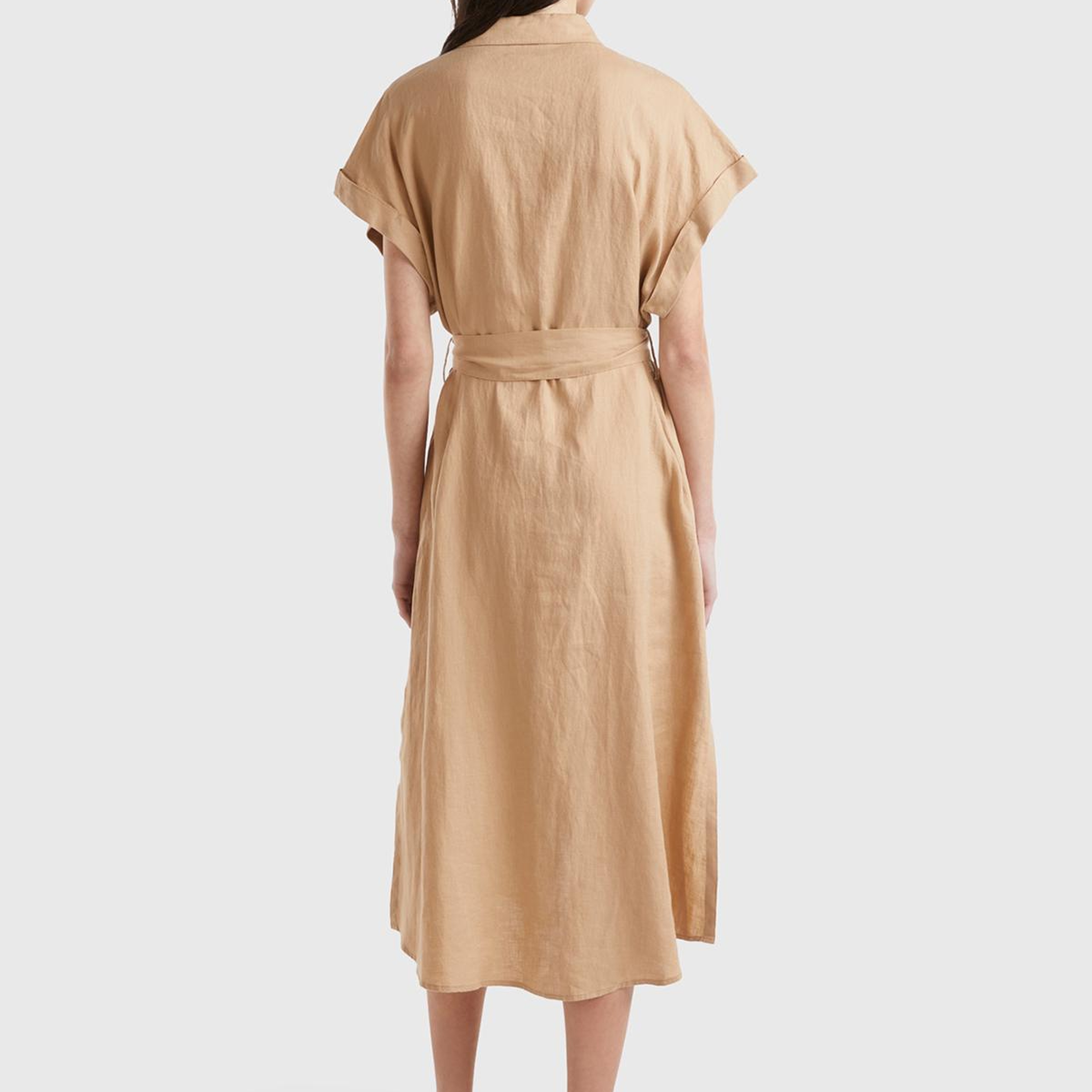 Kadın Taba %100 Keten Önü Düğme Kapamalı Beli Kuşaklı Midi Elbise