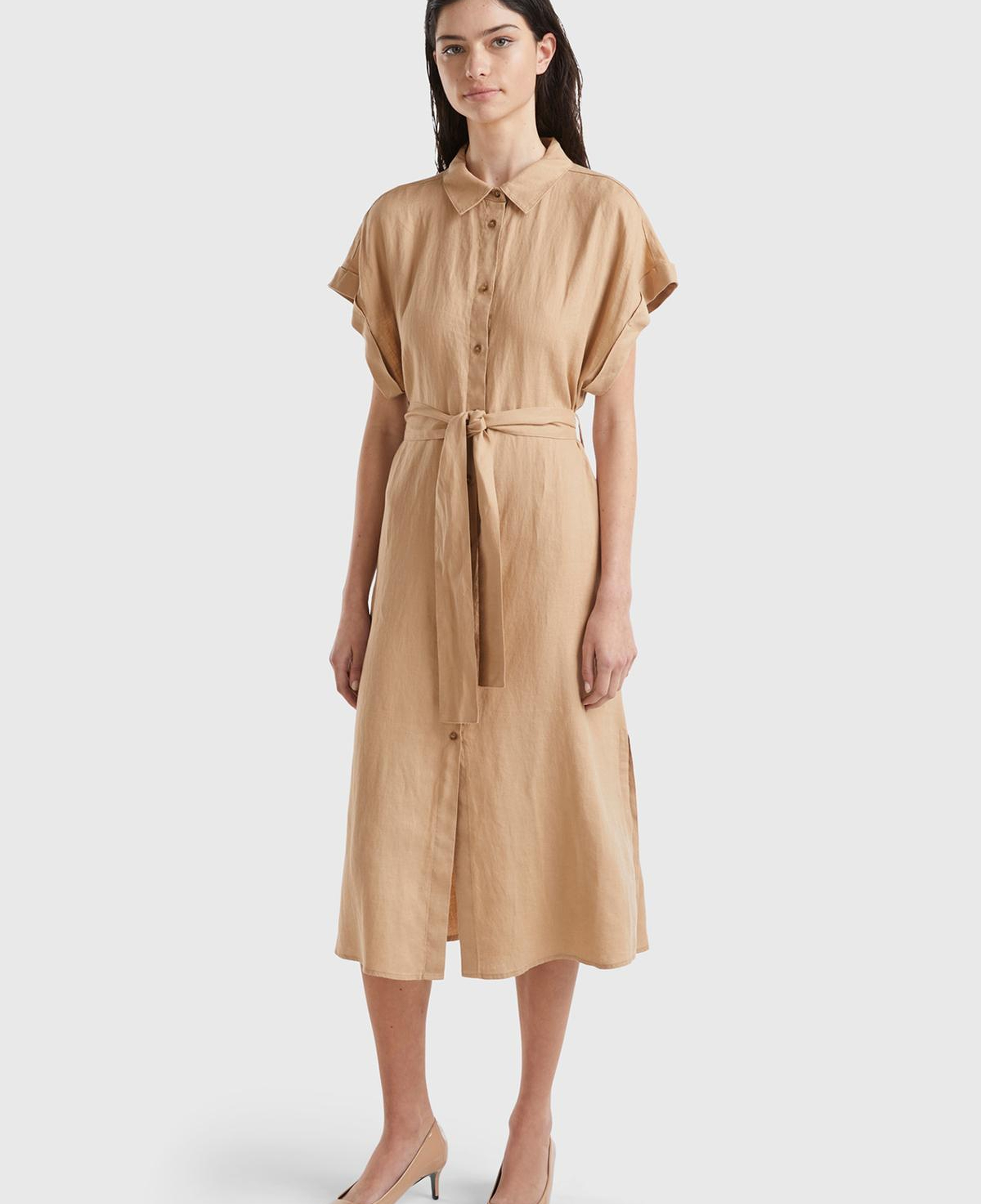 Kadın Taba %100 Keten Önü Düğme Kapamalı Beli Kuşaklı Midi Elbise