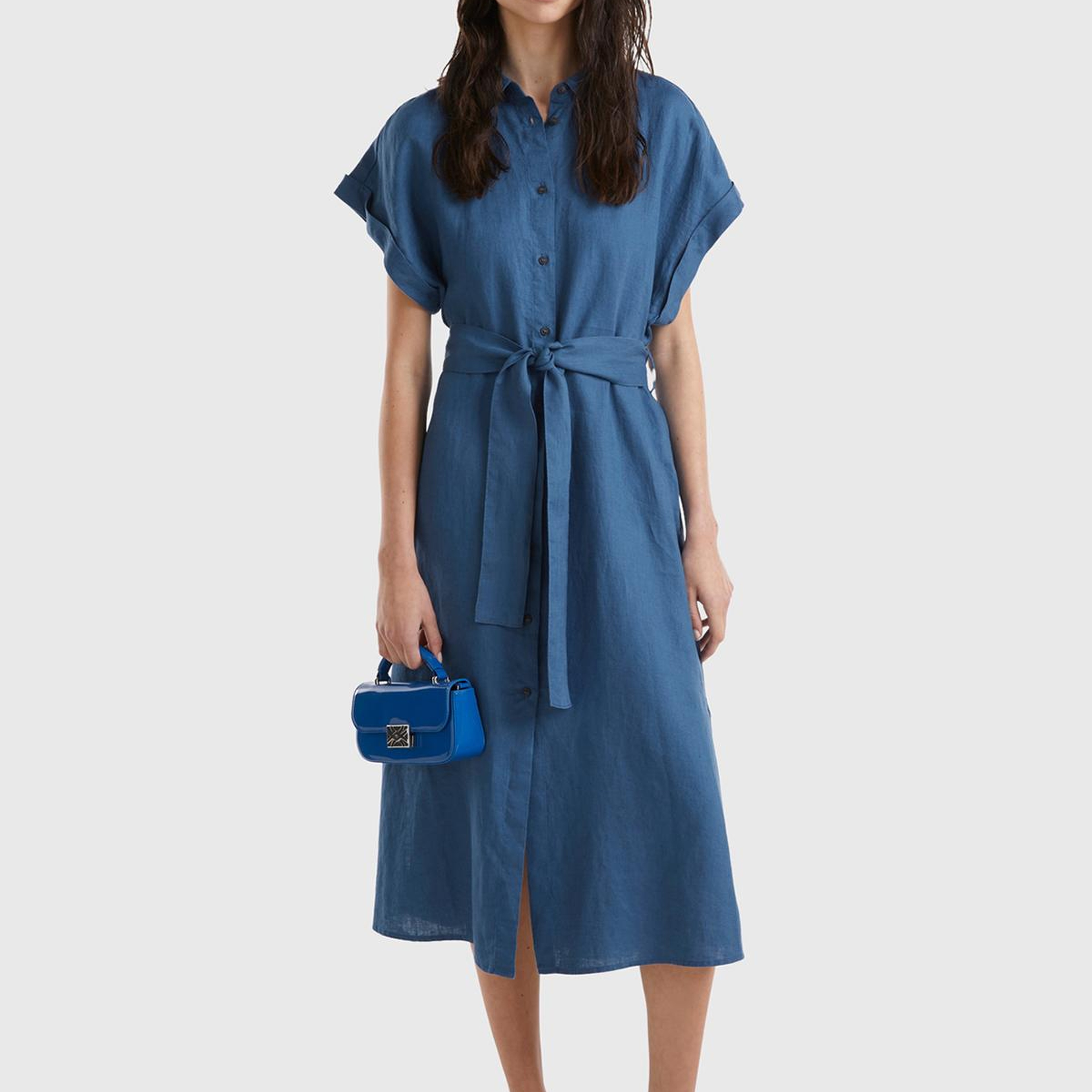 Kadın Gece Mavisi %100 Keten Önü Düğme Kapamalı Beli Kuşaklı Midi Elbise