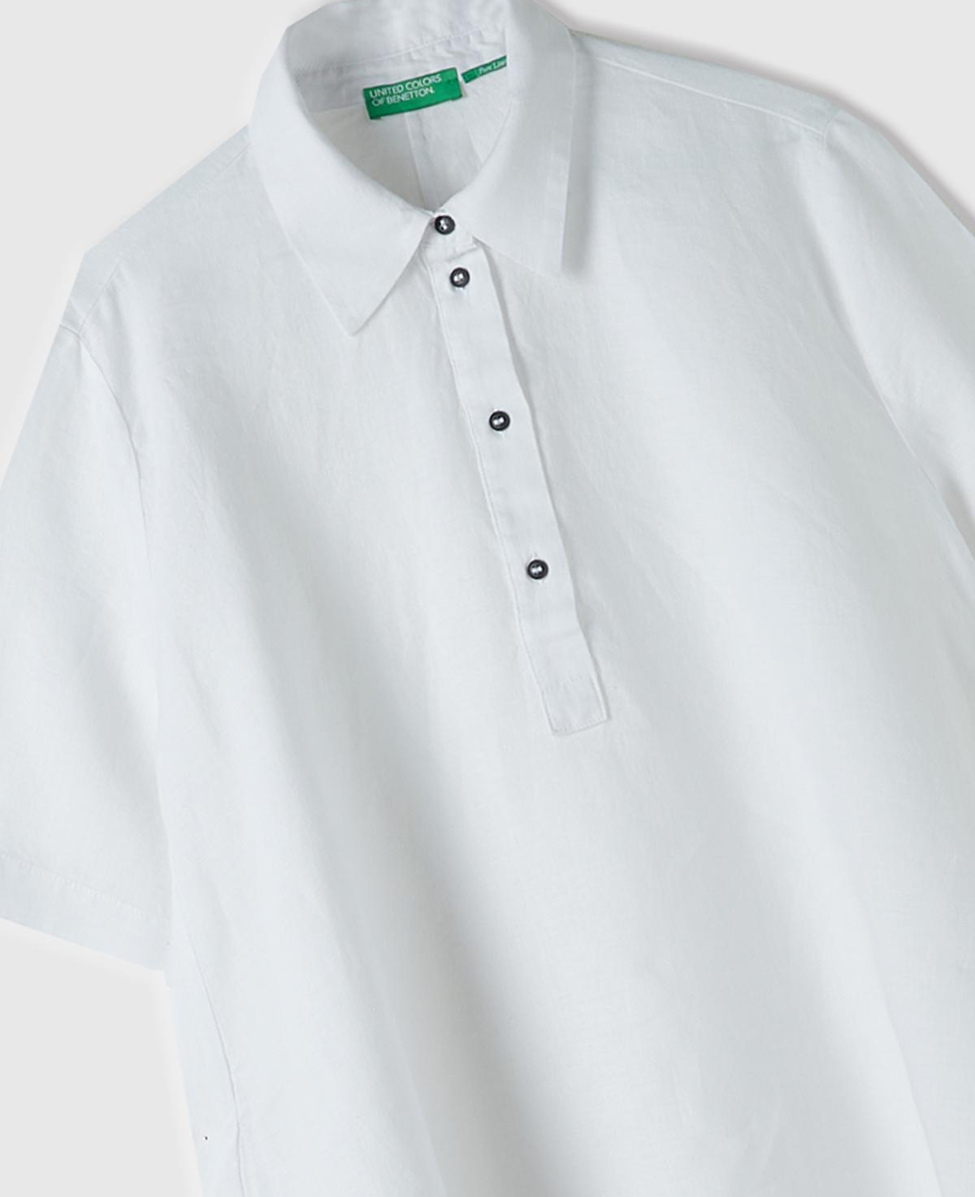 Kadın Beyaz %100 Keten Düğmeli Gömlek Yaka Hafif Bol Kesim Elbise