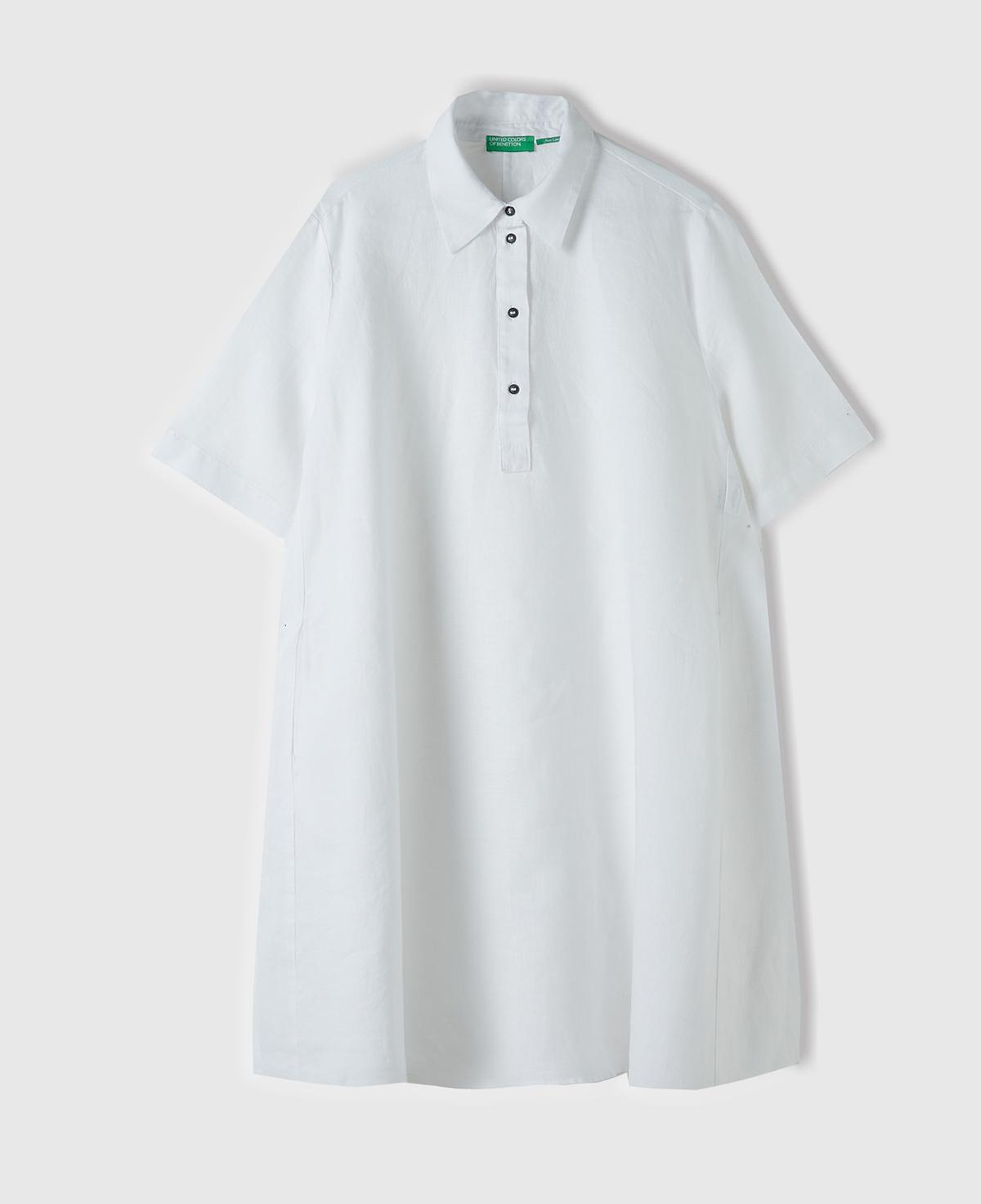 Kadın Beyaz %100 Keten Düğmeli Gömlek Yaka Hafif Bol Kesim Elbise