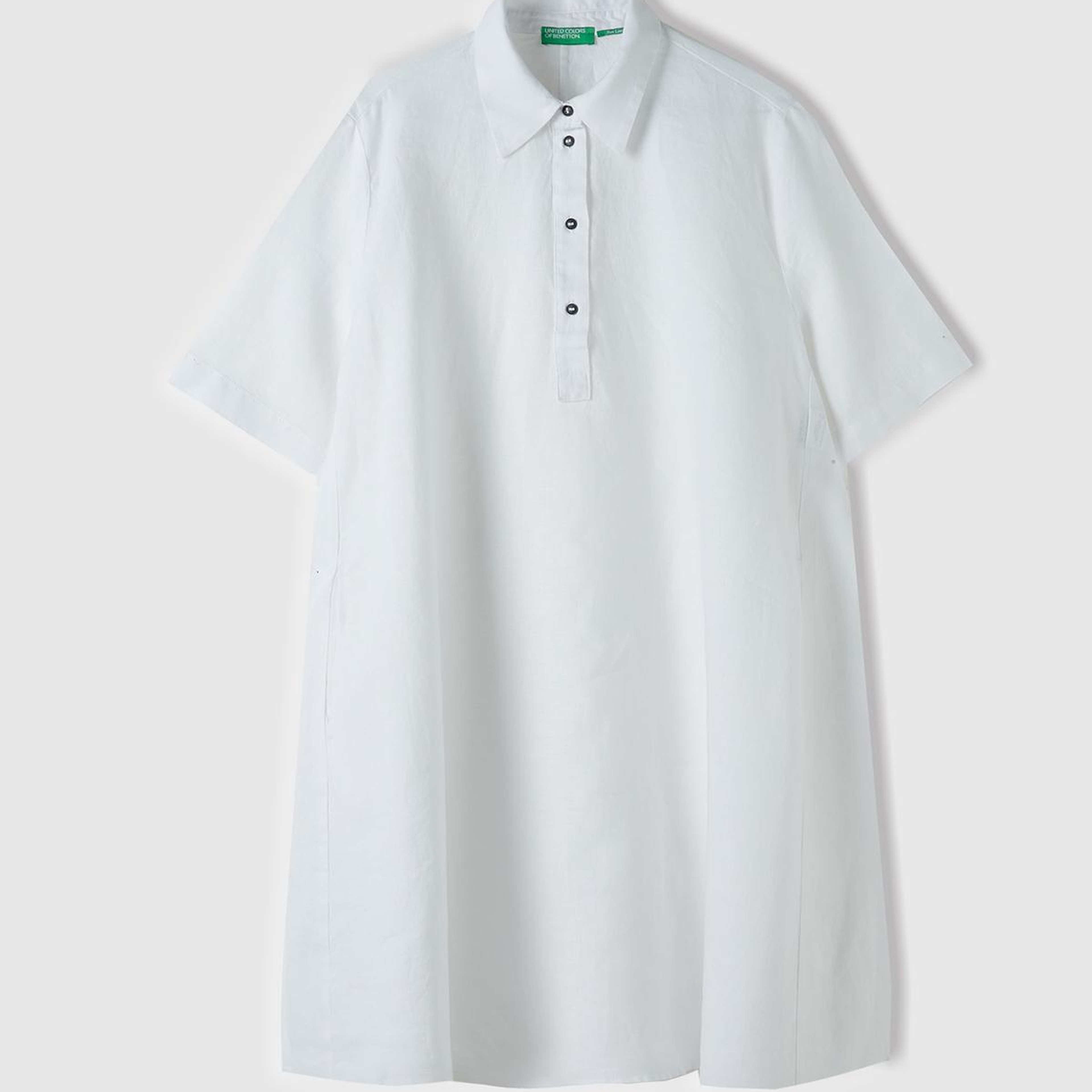 Kadın Beyaz %100 Keten Düğmeli Gömlek Yaka Hafif Bol Kesim Elbise