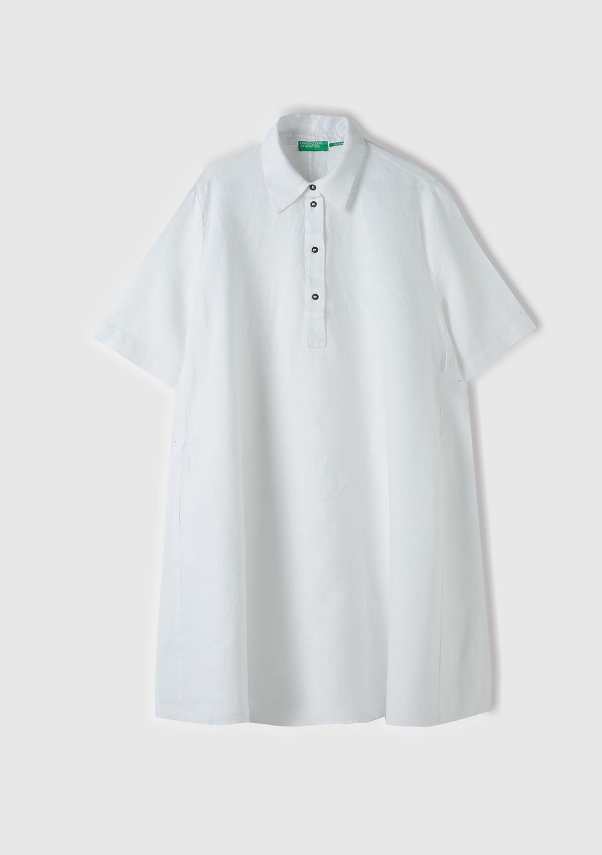 Kadın Beyaz %100 Keten Düğmeli Gömlek Yaka Hafif Bol Kesim Elbise