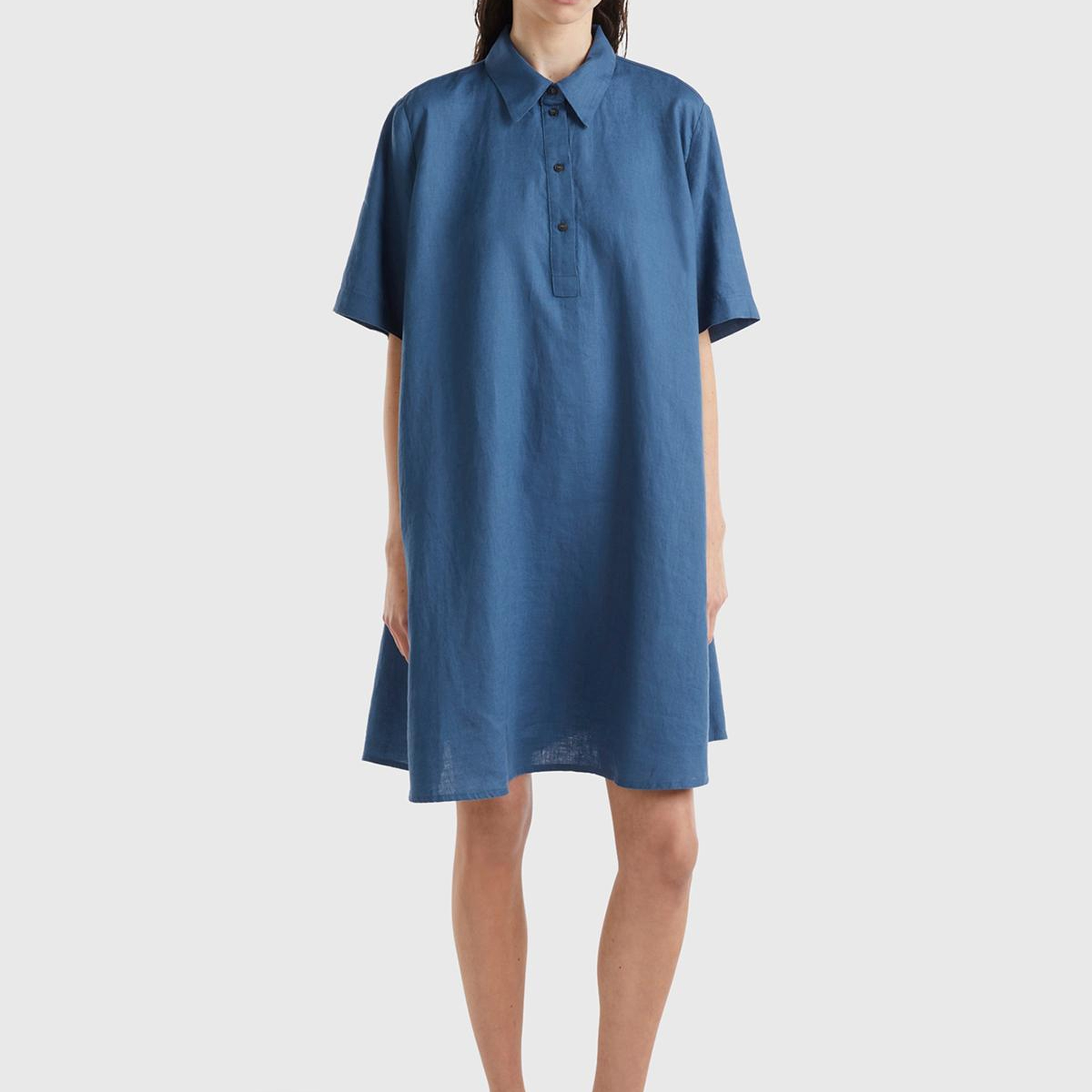 Kadın Gece Mavisi %100 Keten Düğmeli Gömlek Yaka Hafif Bol Kesim Elbise