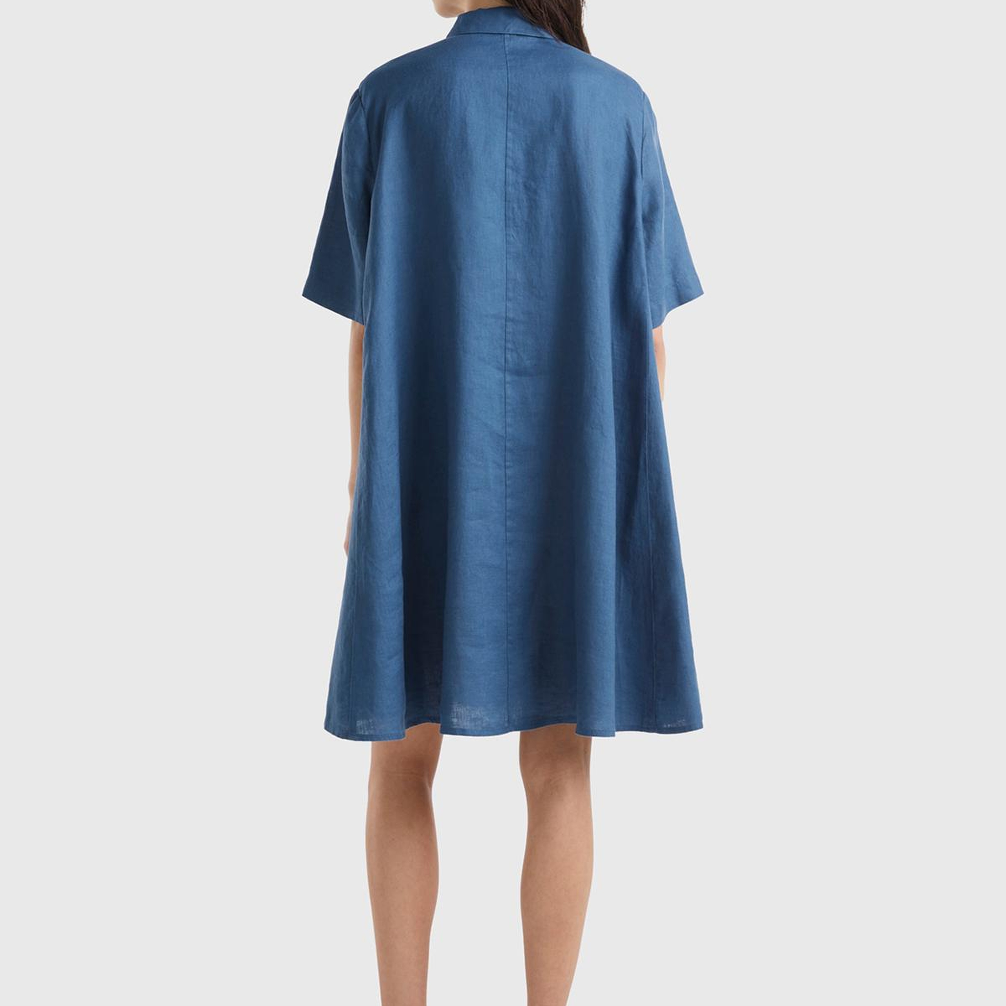 Kadın Gece Mavisi %100 Keten Düğmeli Gömlek Yaka Hafif Bol Kesim Elbise