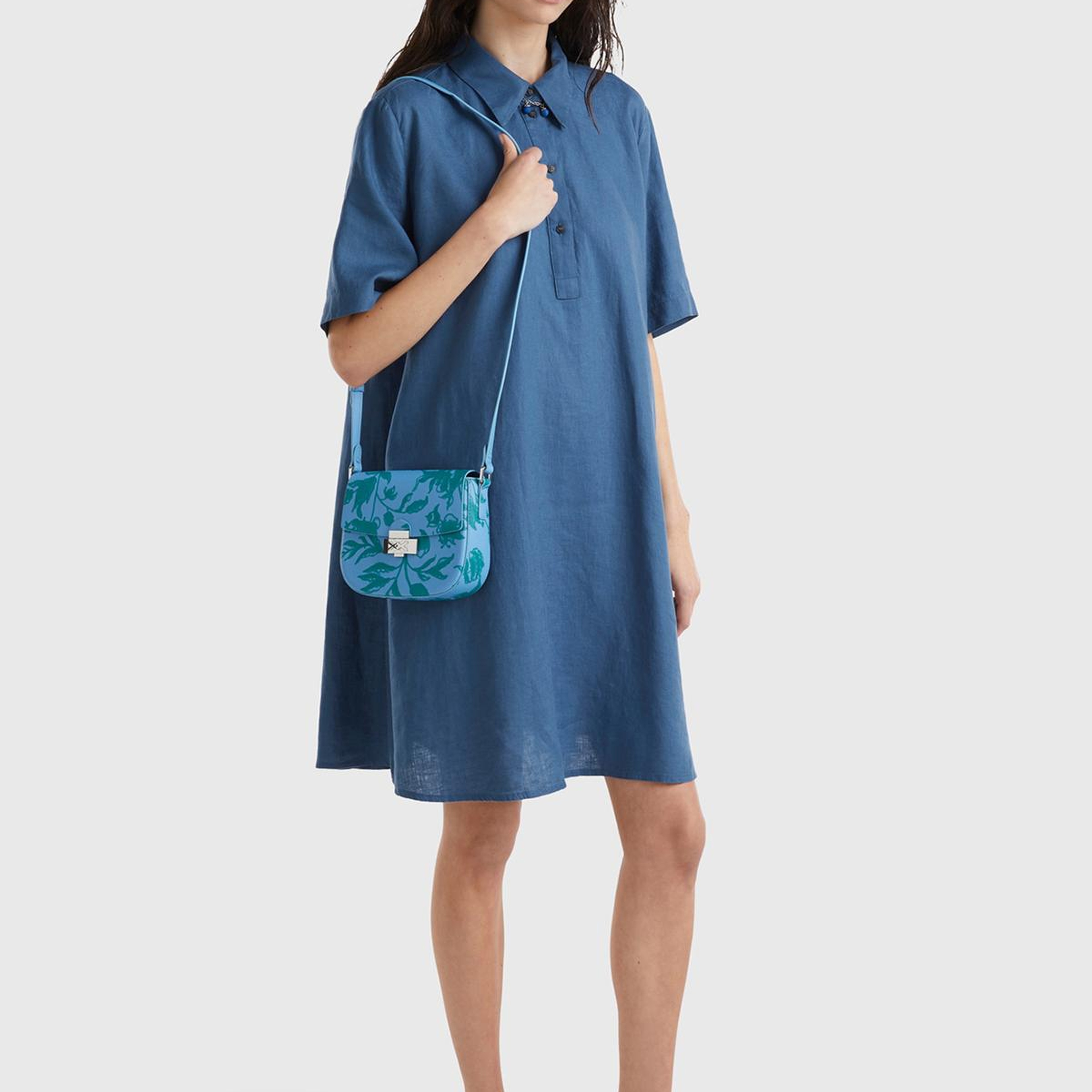 Kadın Gece Mavisi %100 Keten Düğmeli Gömlek Yaka Hafif Bol Kesim Elbise