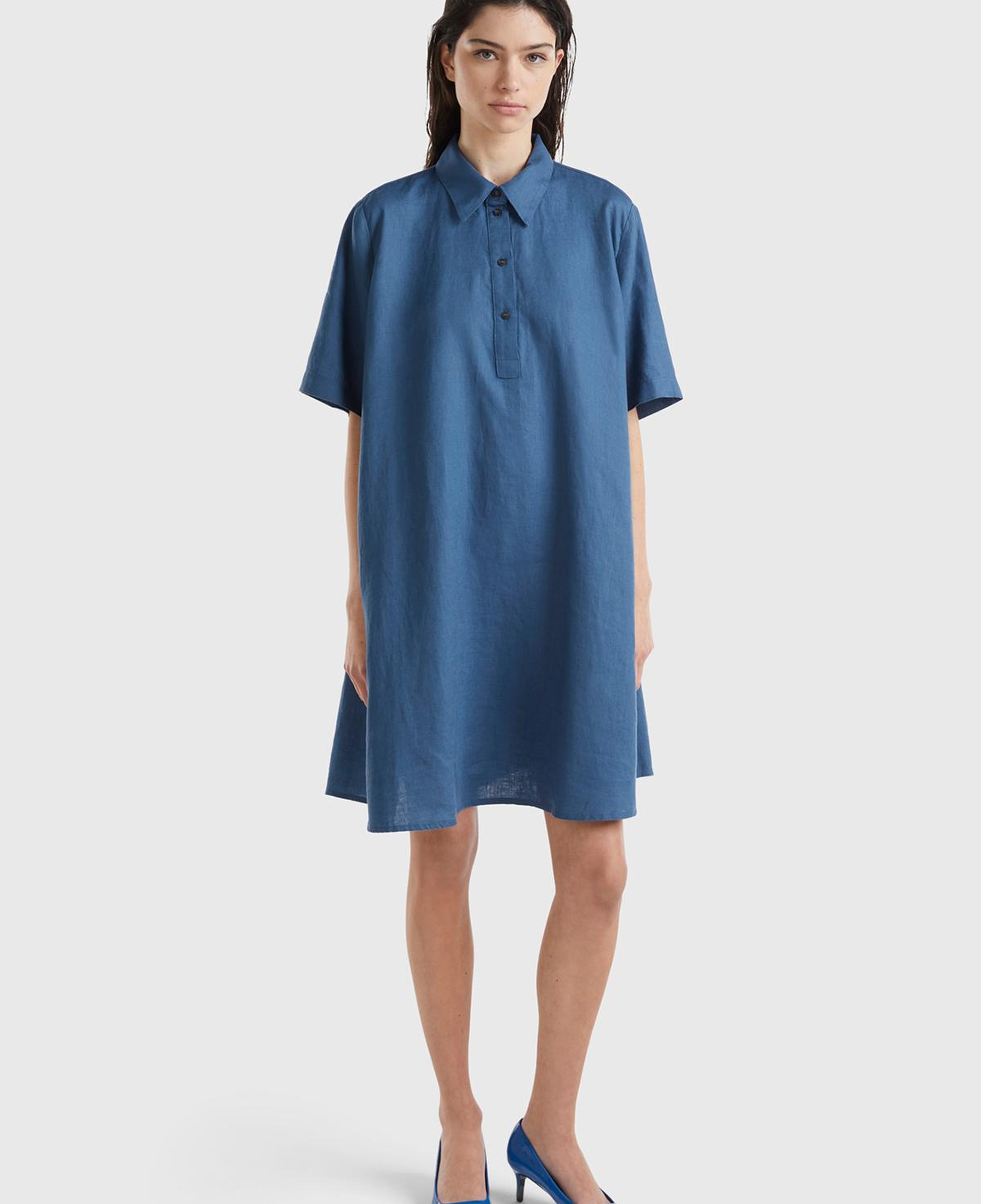 Kadın Gece Mavisi %100 Keten Düğmeli Gömlek Yaka Hafif Bol Kesim Elbise