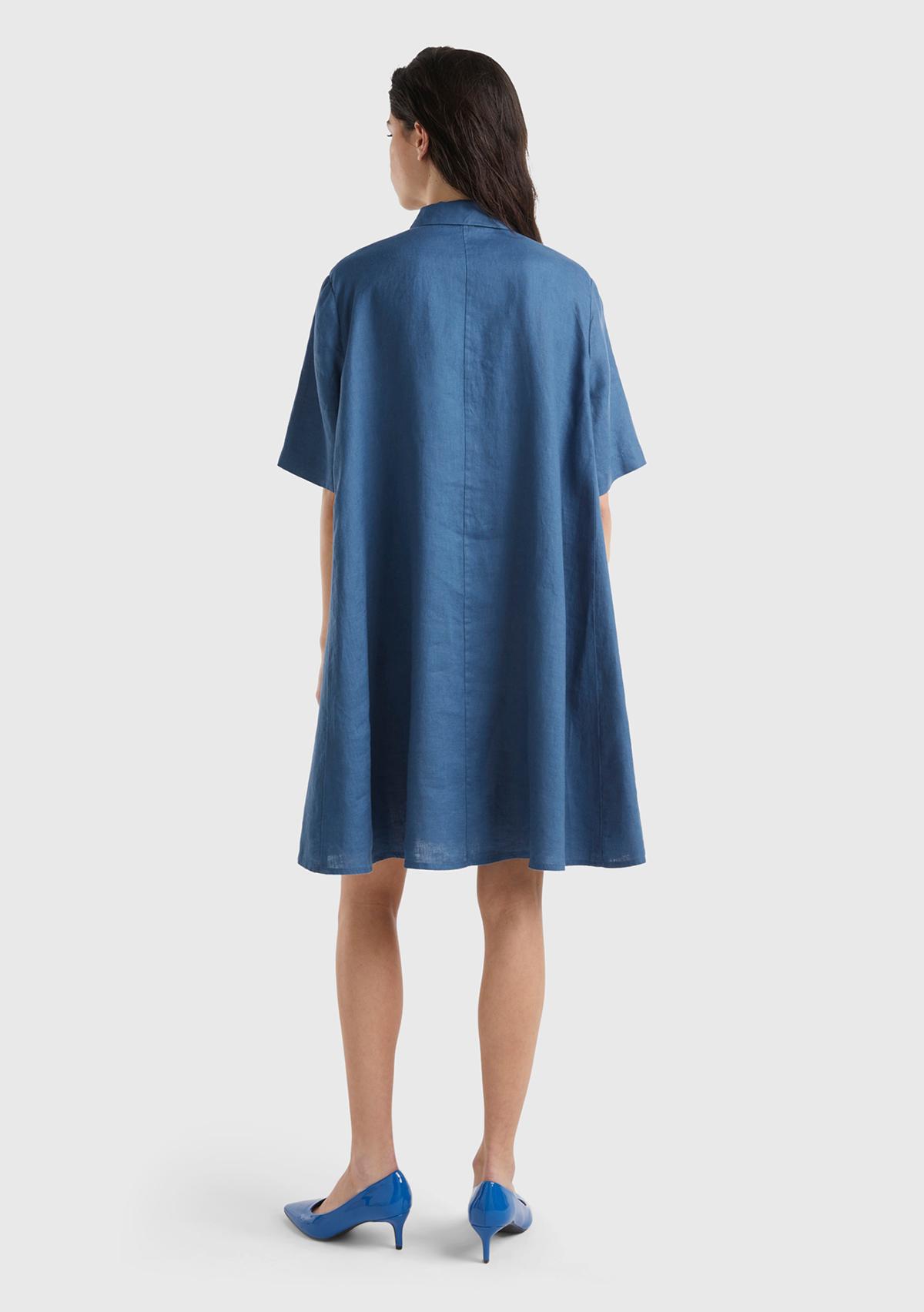 Kadın Gece Mavisi %100 Keten Düğmeli Gömlek Yaka Hafif Bol Kesim Elbise