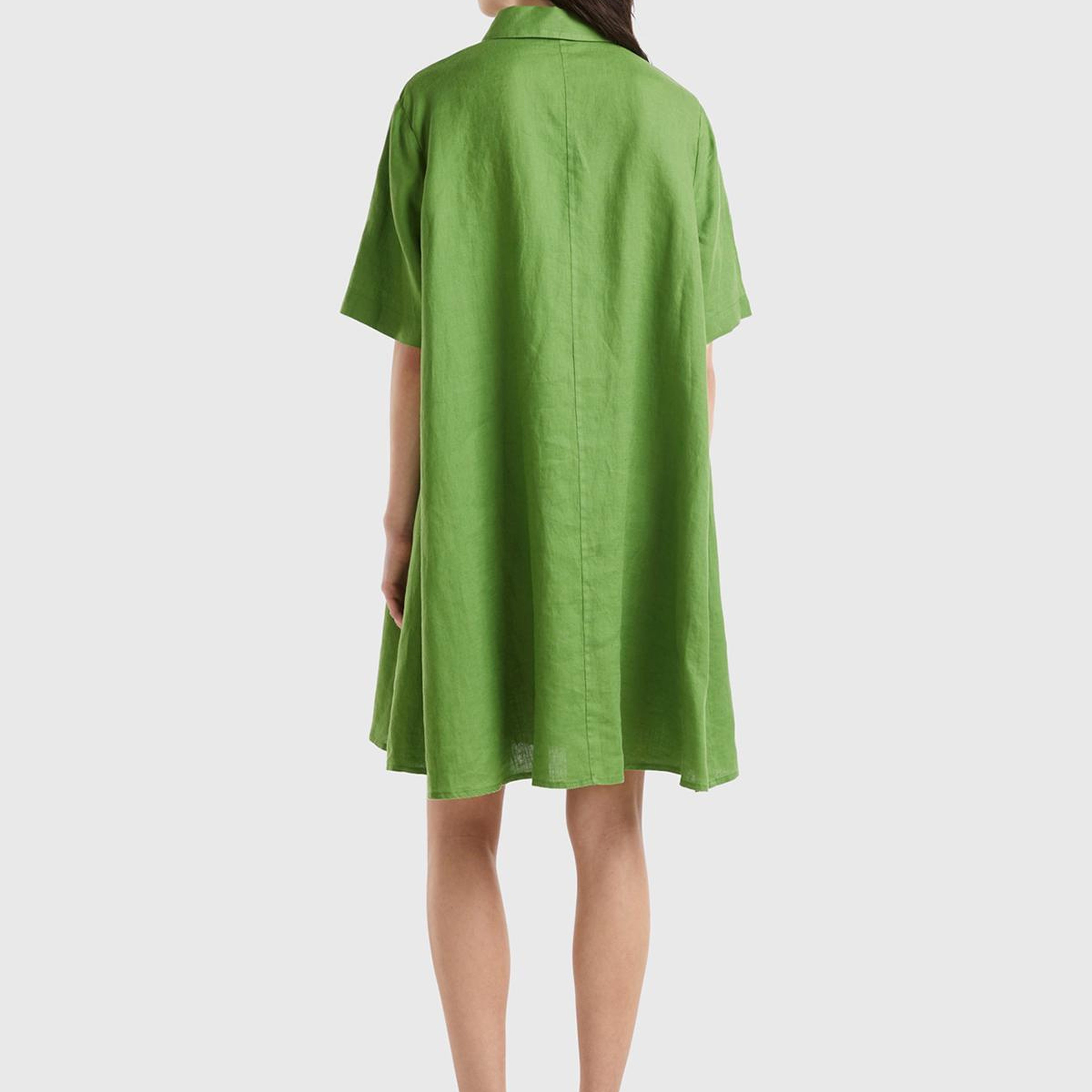 Kadın Soluk Yeşil %100 Keten Düğmeli Gömlek Yaka Hafif Bol Kesim Elbise