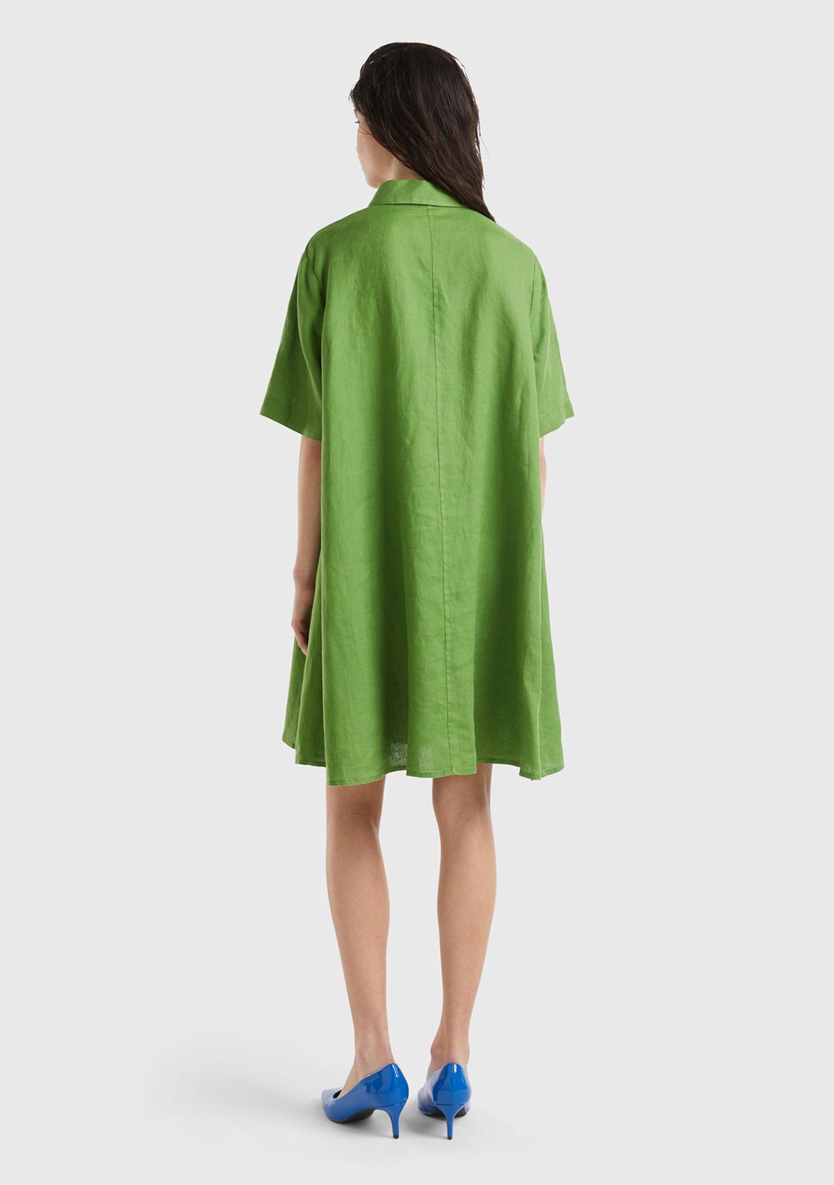 Kadın Soluk Yeşil %100 Keten Düğmeli Gömlek Yaka Hafif Bol Kesim Elbise